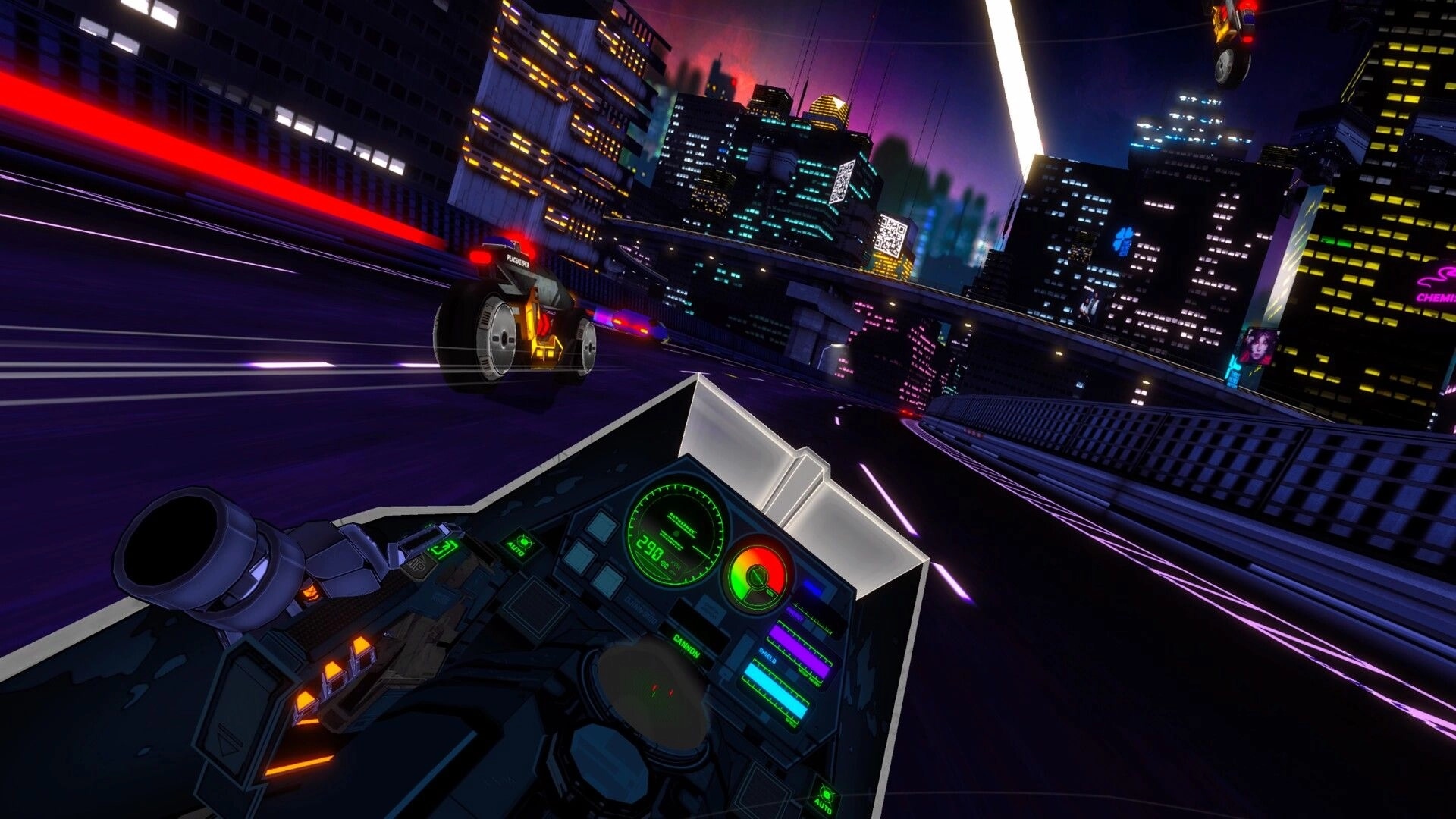 RUNNER: High-speed chase with futuristic dashboard UI in neon-lit cityscape at night