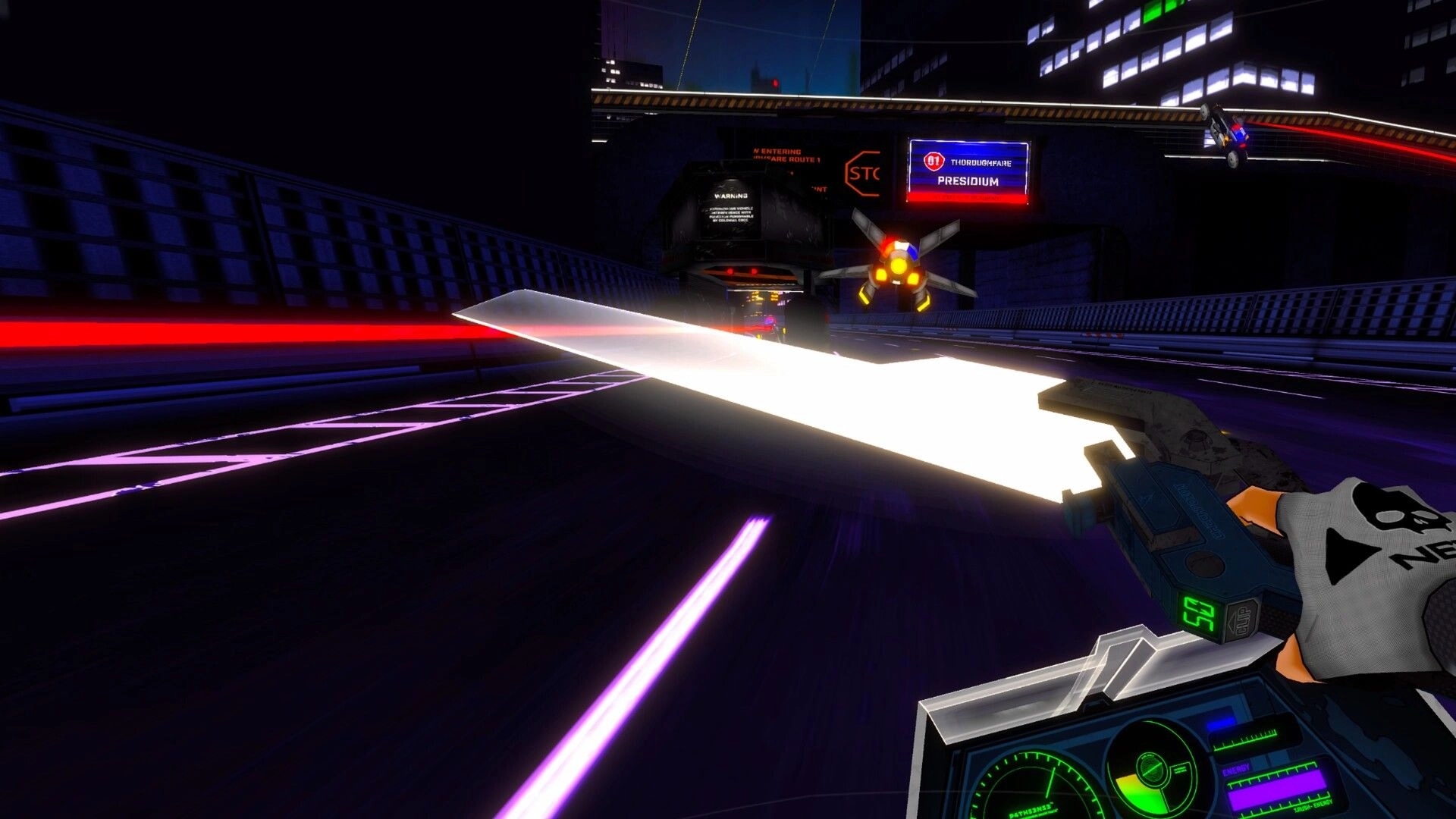 RUNNER: Player racing through neon-lit highway, wielding a glowing weapon against hovering drone attackers