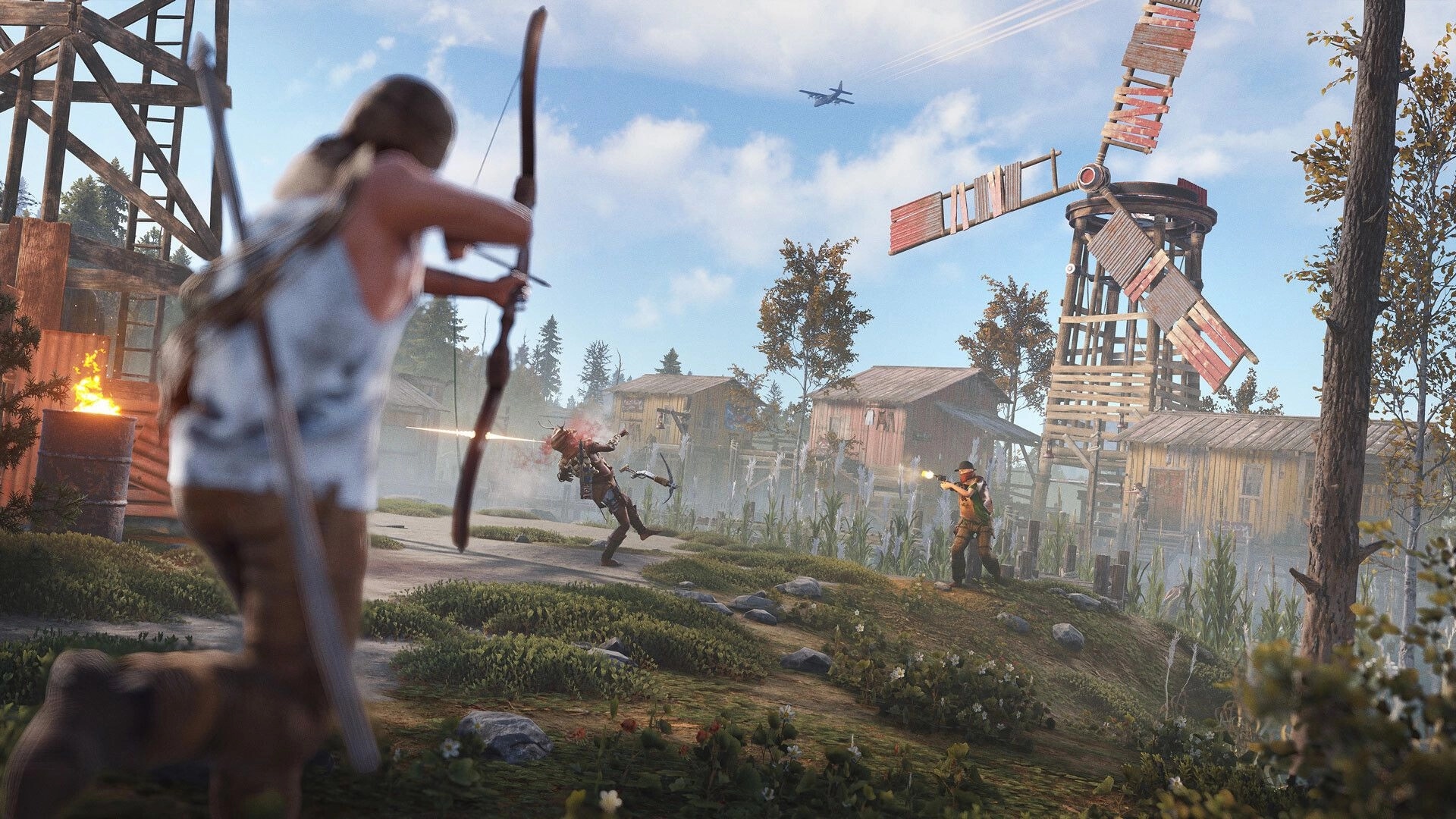 Rust: Archer aims at enemy near windmill in village setting, while another survivor fires a gun