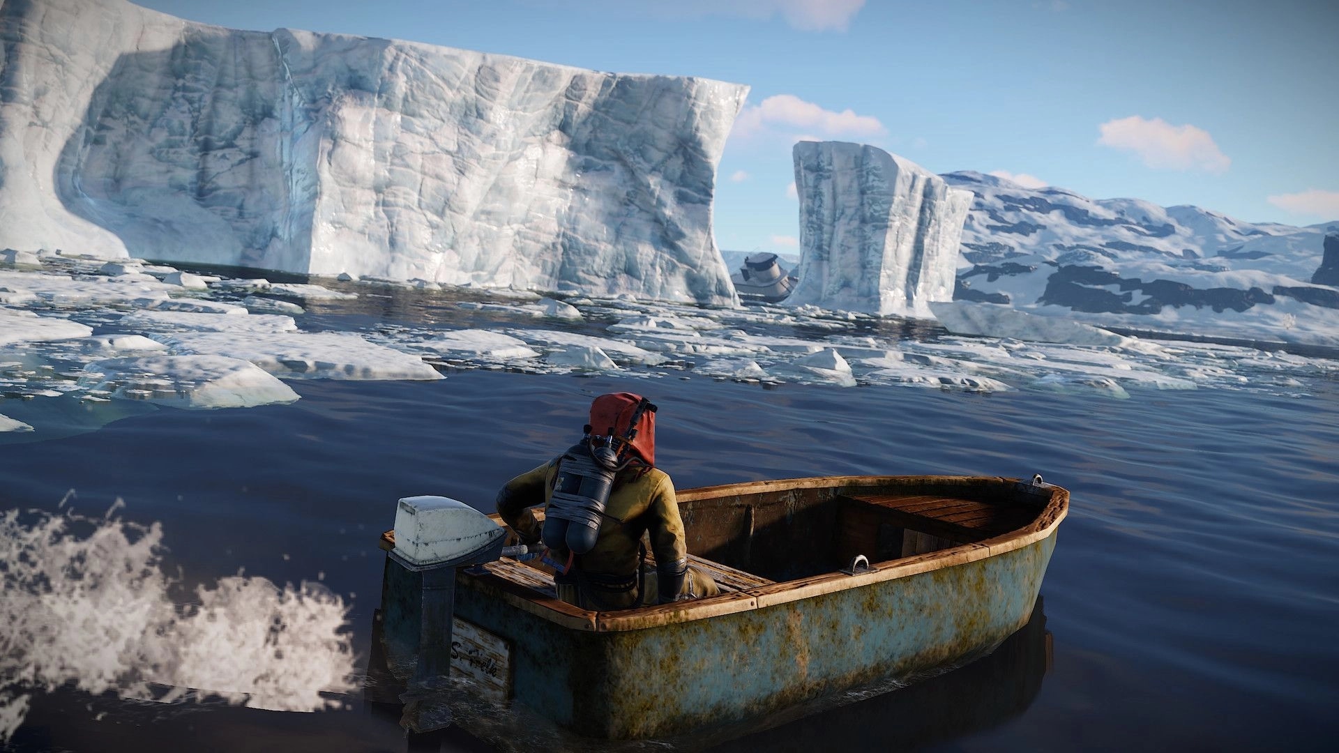 Rust: Player in a boat navigating icy waters with large icebergs in the background