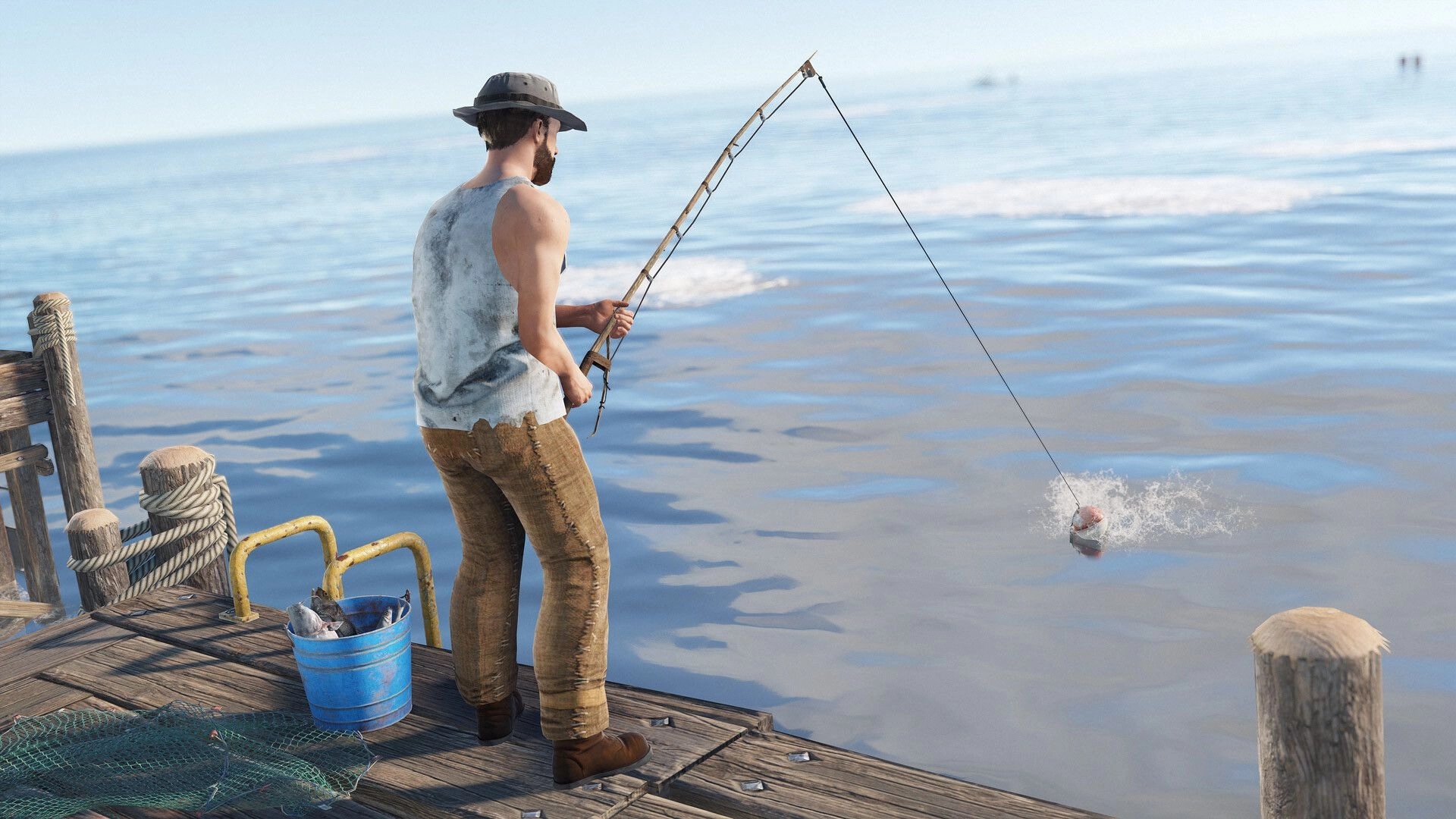 Rust: Player fishing from a wooden pier with a full bucket beside, calm ocean environment