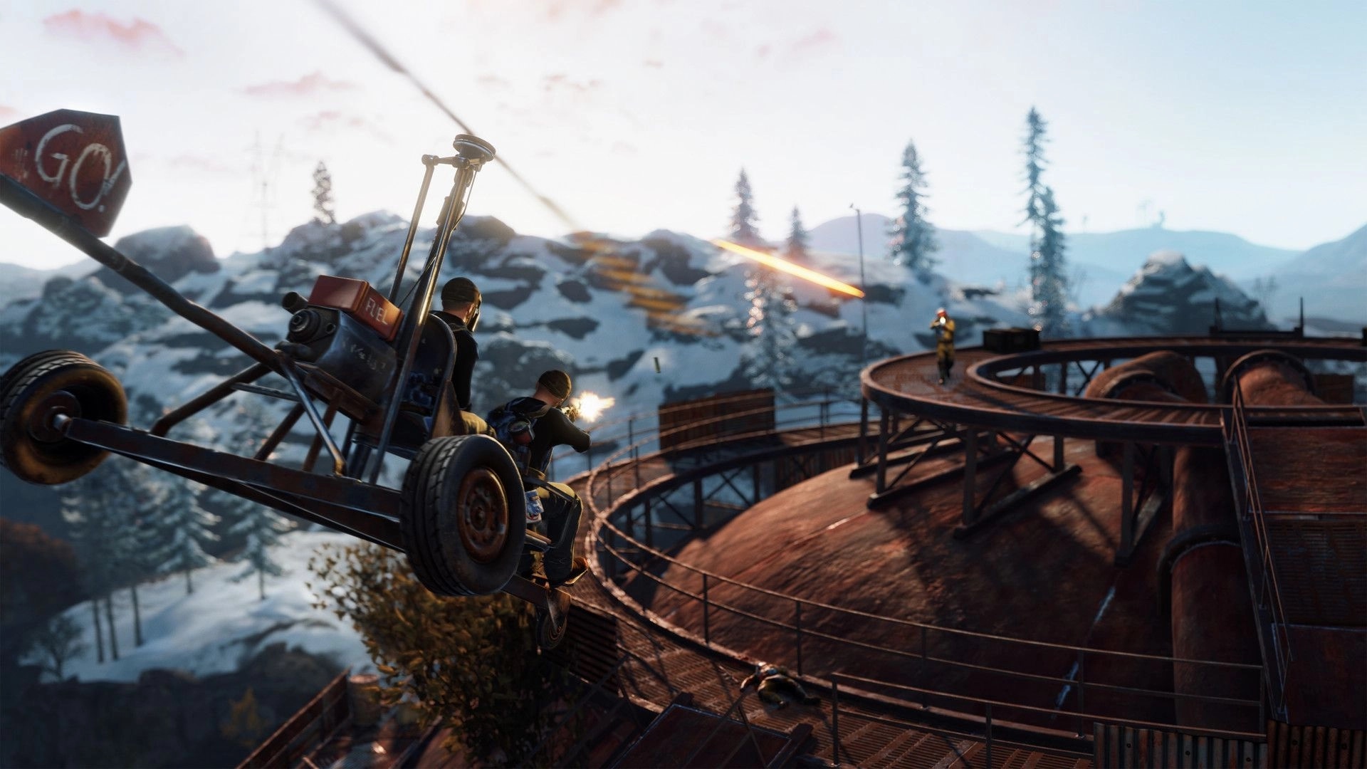 Rust: Helicopter chase with player firing at enemies on snowy industrial structure