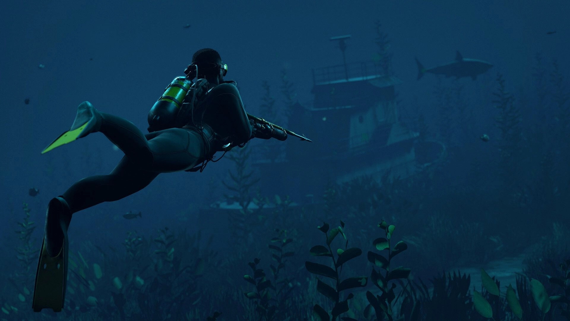 Rust: Diver exploring underwater near a sunken ship with a shark swimming in the background