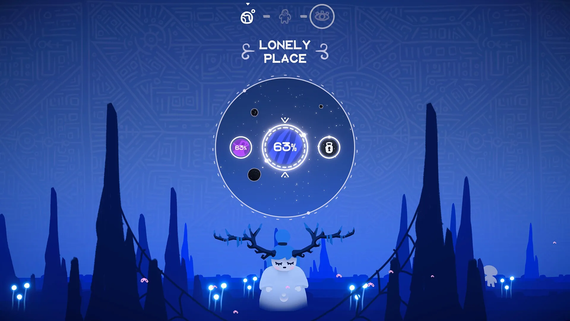 Ruya: Puzzle interface with progress percentage in a mystical blue landscape with glowing flora