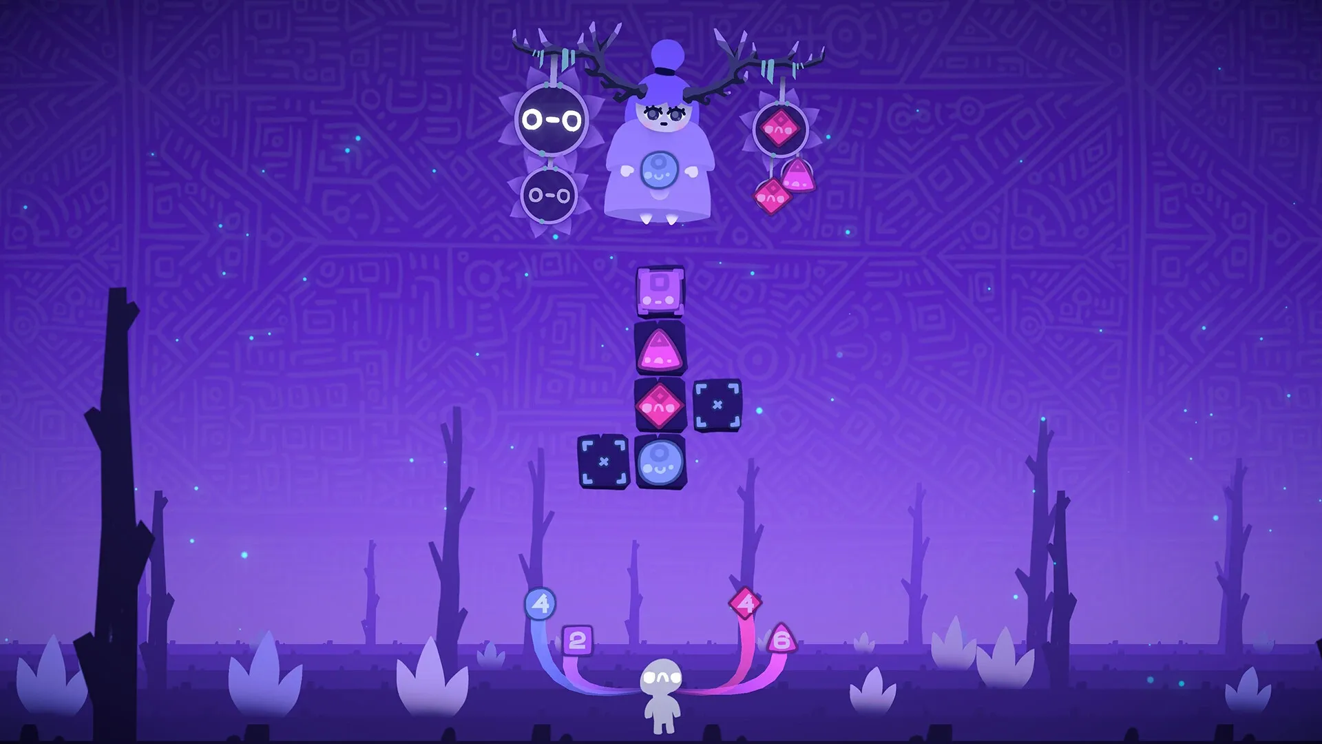 Ruya: Puzzle interface with floating blocks and a character in a purple, abstract space environment