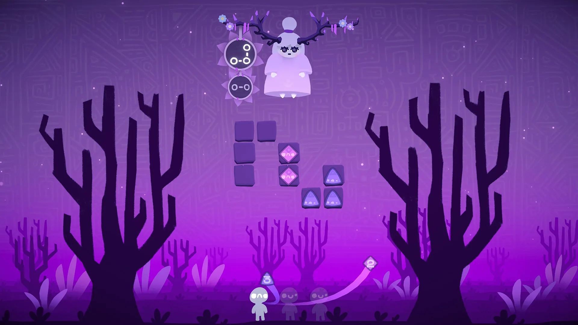 Ruya: Puzzle sequence with Ruya and floating spirit blocks in a mystical, purple-hued forest setting