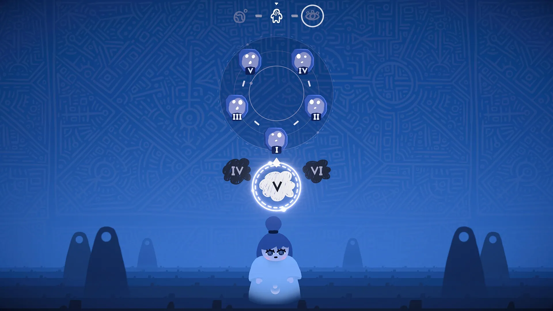 Ruya: Character with blue hair beneath floating numbered icons in a serene, patterned blue environment
