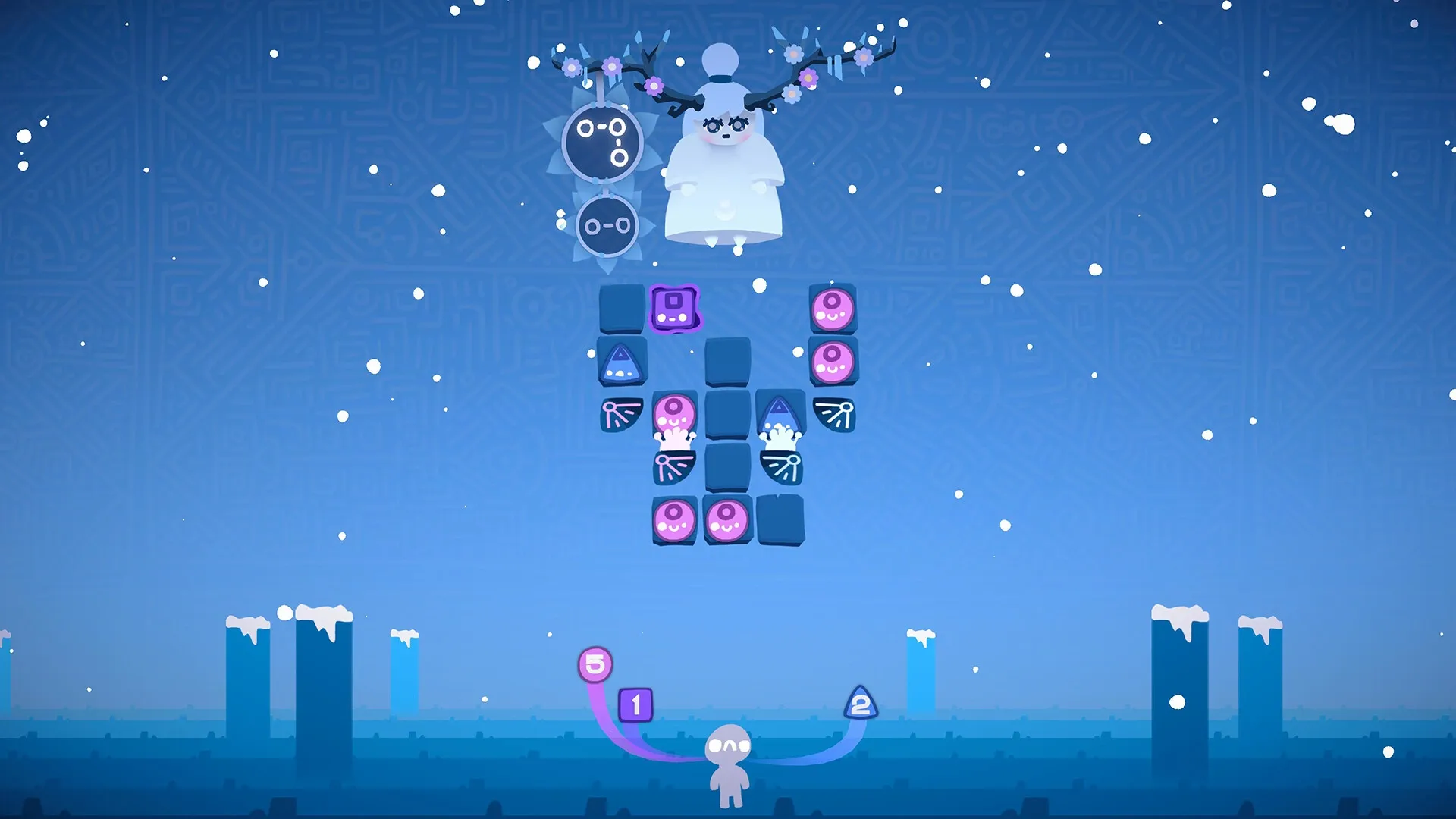 Ruya: Puzzle blocks floating in a serene blue space with a character below and symbols above