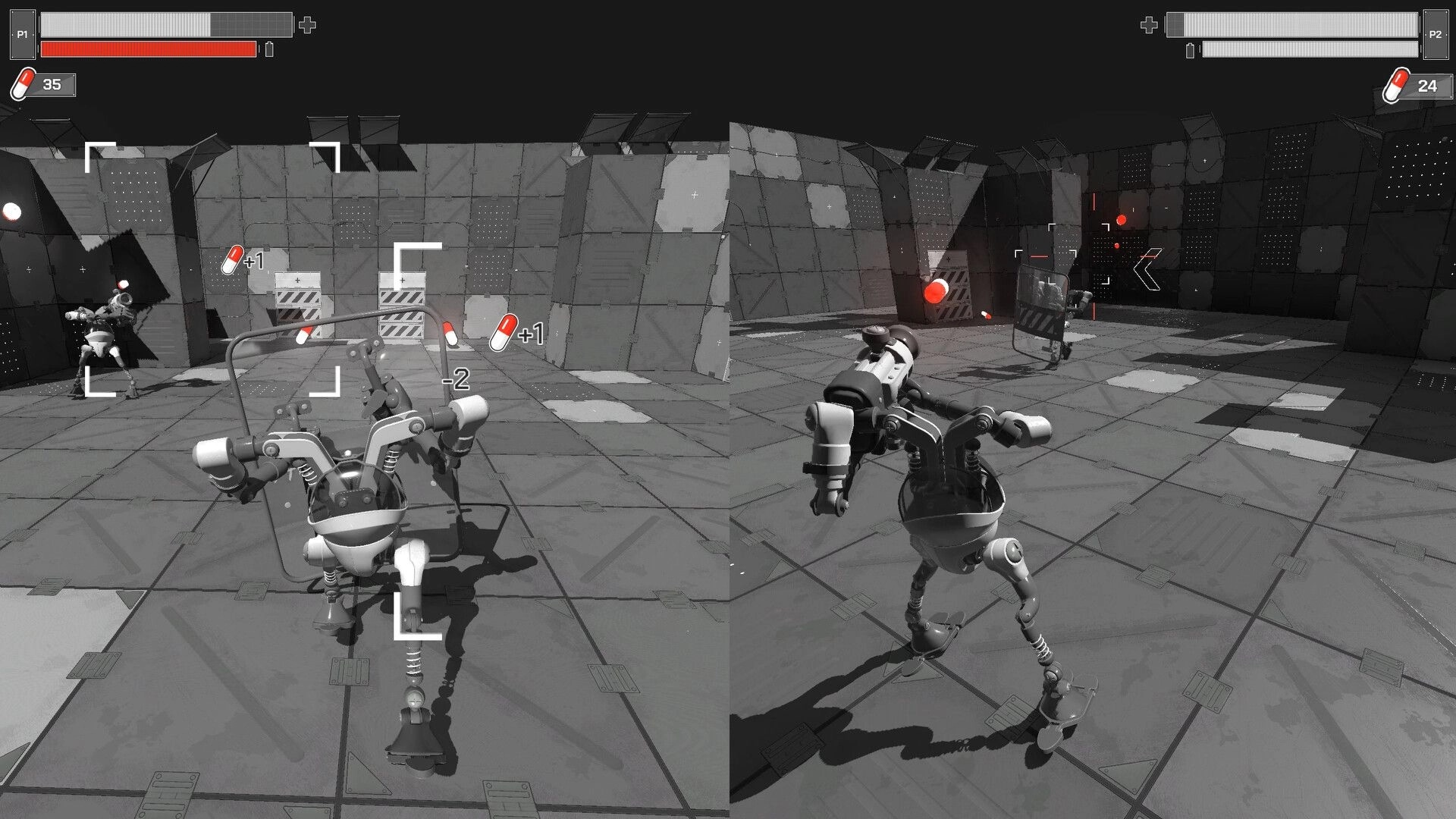 RX10-40: Dual-screen robot combat in industrial arena with health bars and ammo counters visible