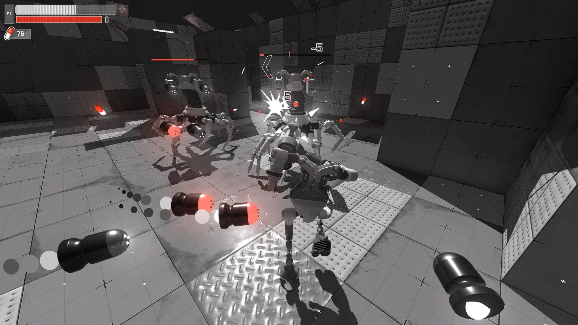RX10-40: Player engages robots using ricocheting bullets in a metallic, grid-patterned arena.