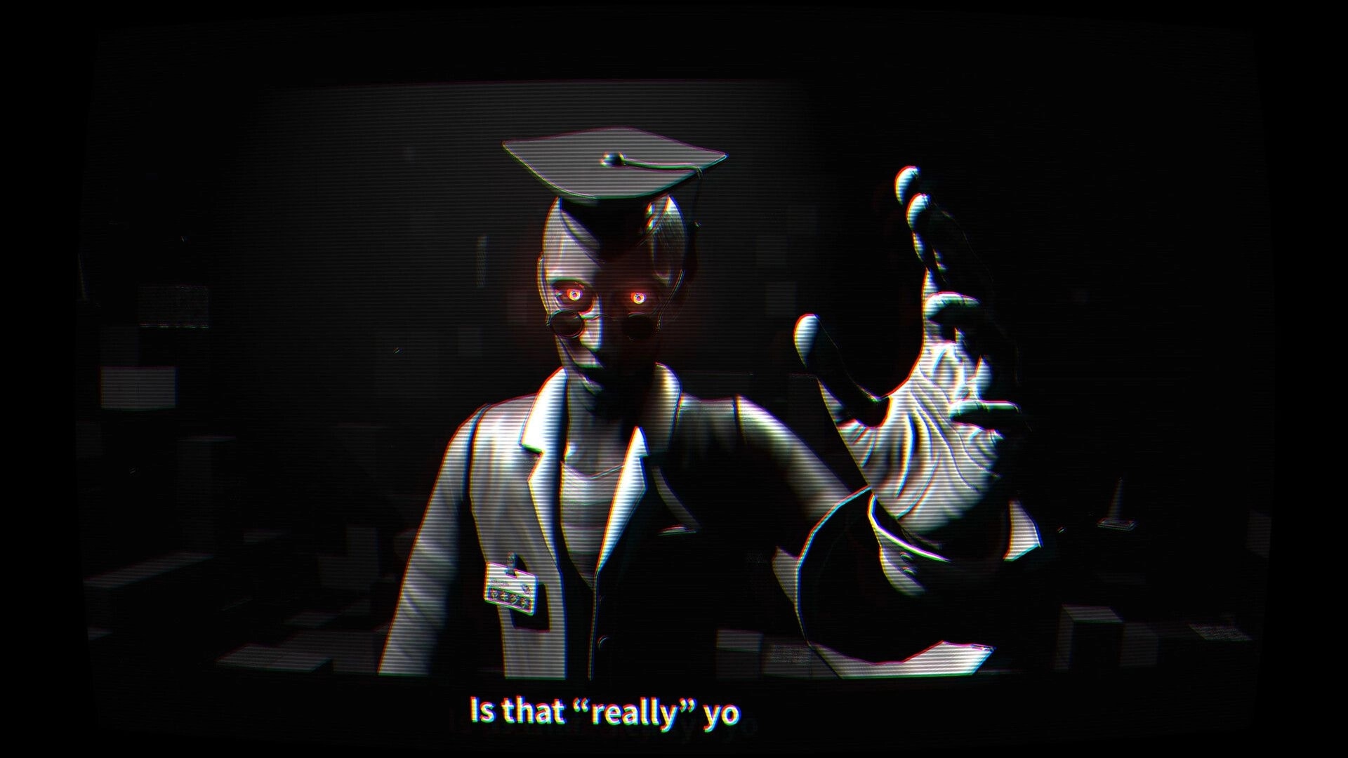 RX10-40: Mysterious figure with glowing eyes reaches out in a dark, glitchy digital environment