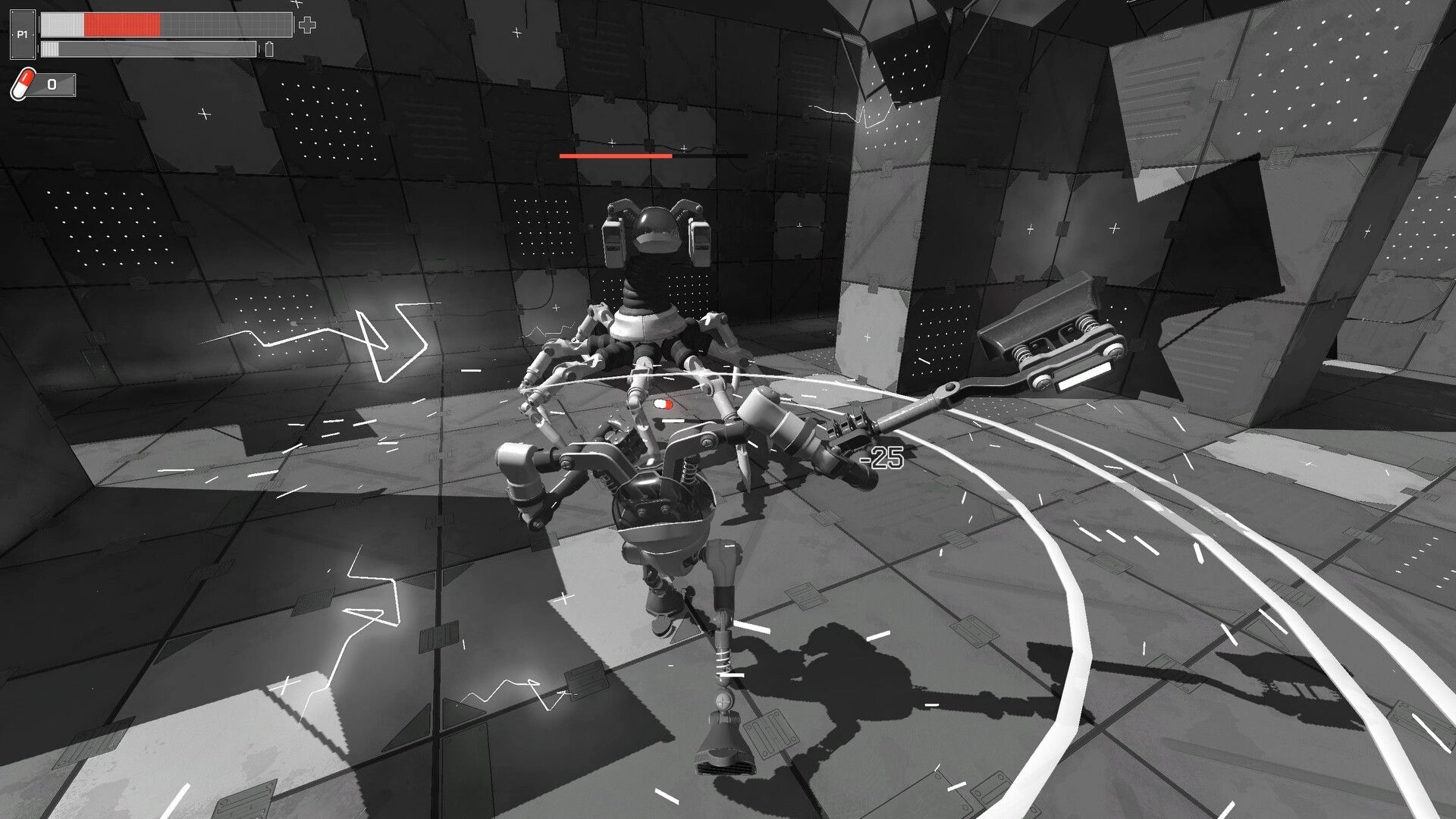 RX10-40: Robot character battling mechanical enemy in monochrome room with health bar and score display