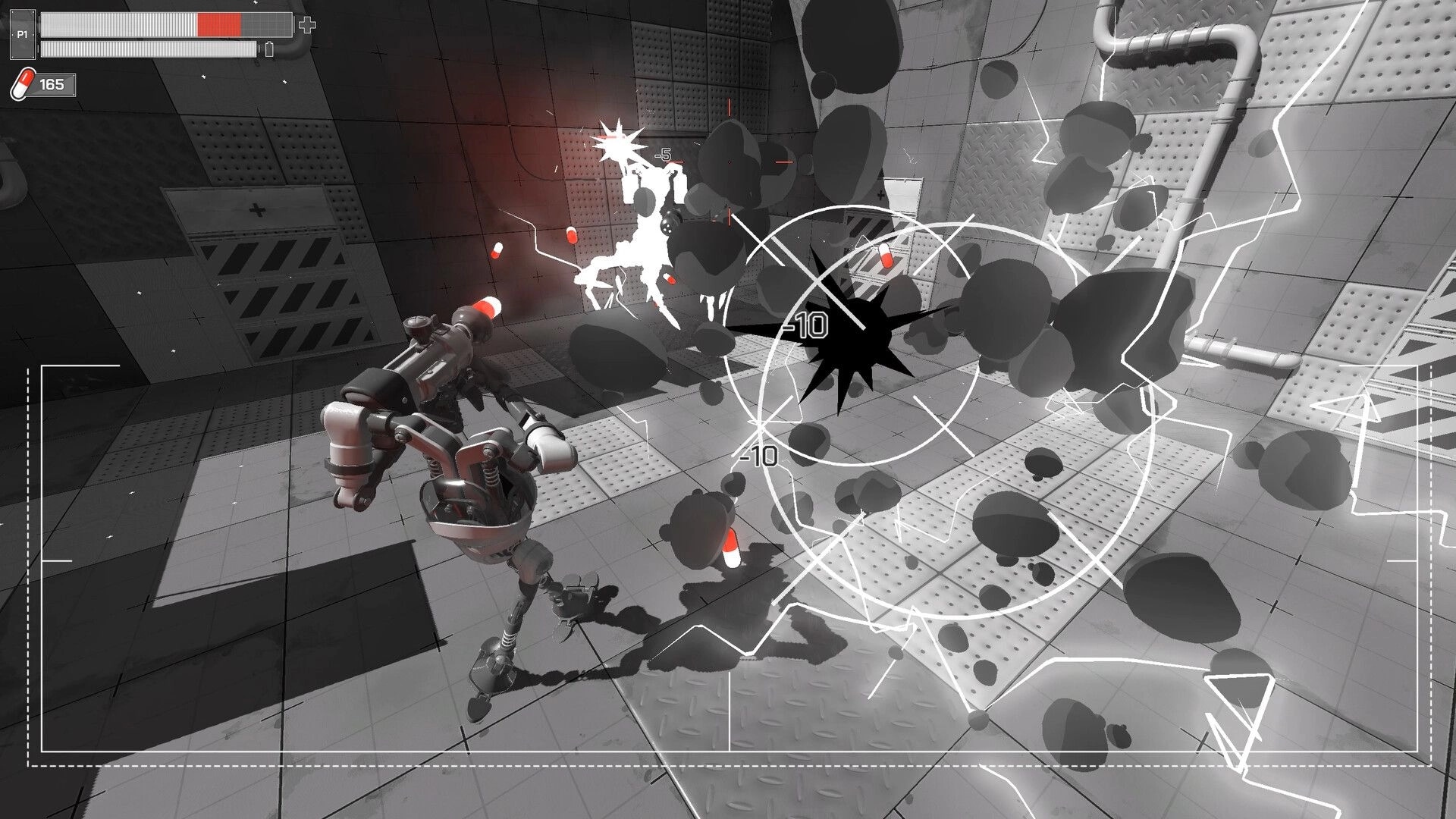 RX10-40: Robot in combat with explosions and damage indicators in a futuristic tiled room.