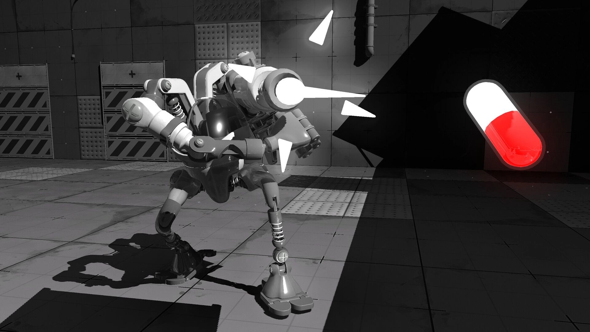 RX10-40: Robot with weapons aiming at floating red capsule in industrial complex with metal walls