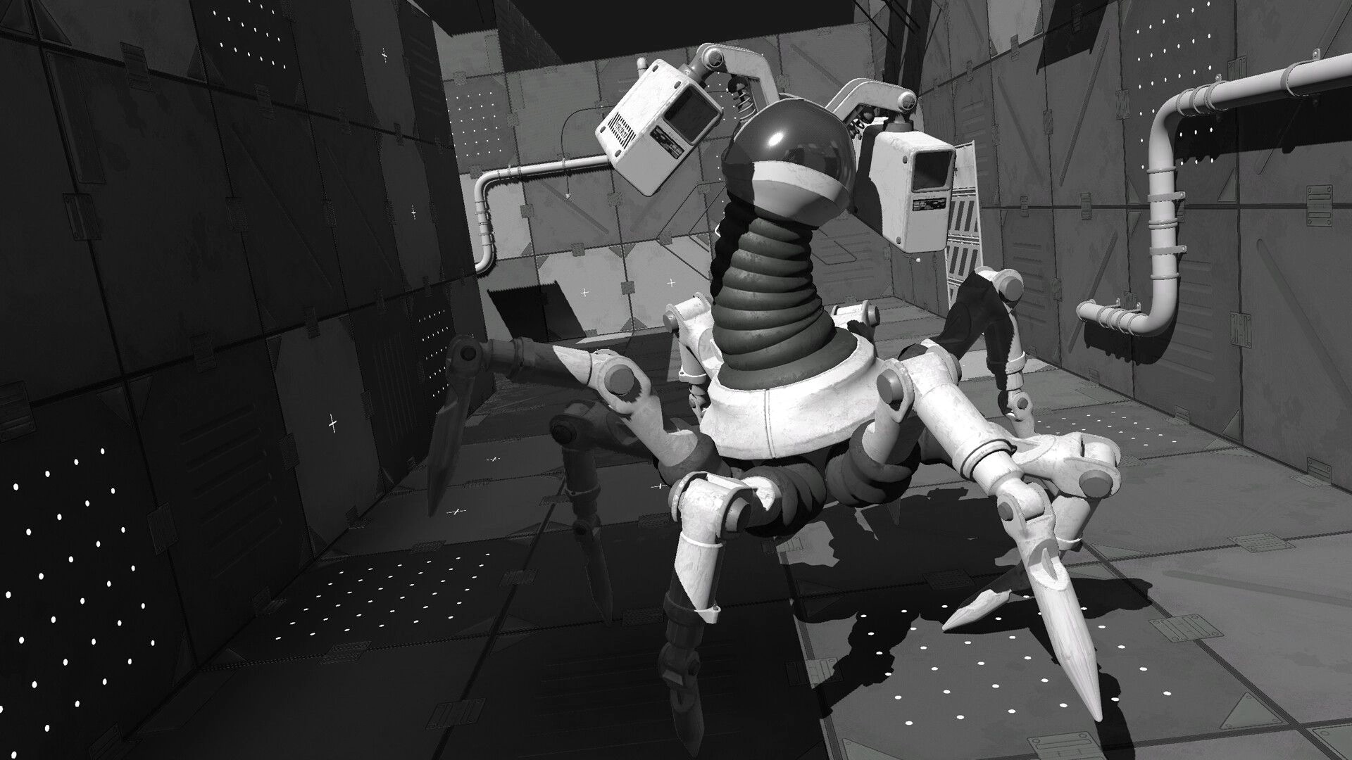 RX10-40: Robotic scorpion in metallic corridor with pipes lining the walls, ready for combat encounter