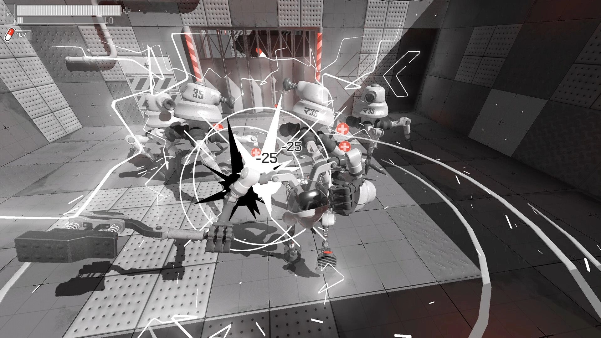 RX10-40: Robots in futuristic arena combat with health indicators and dynamic action effects