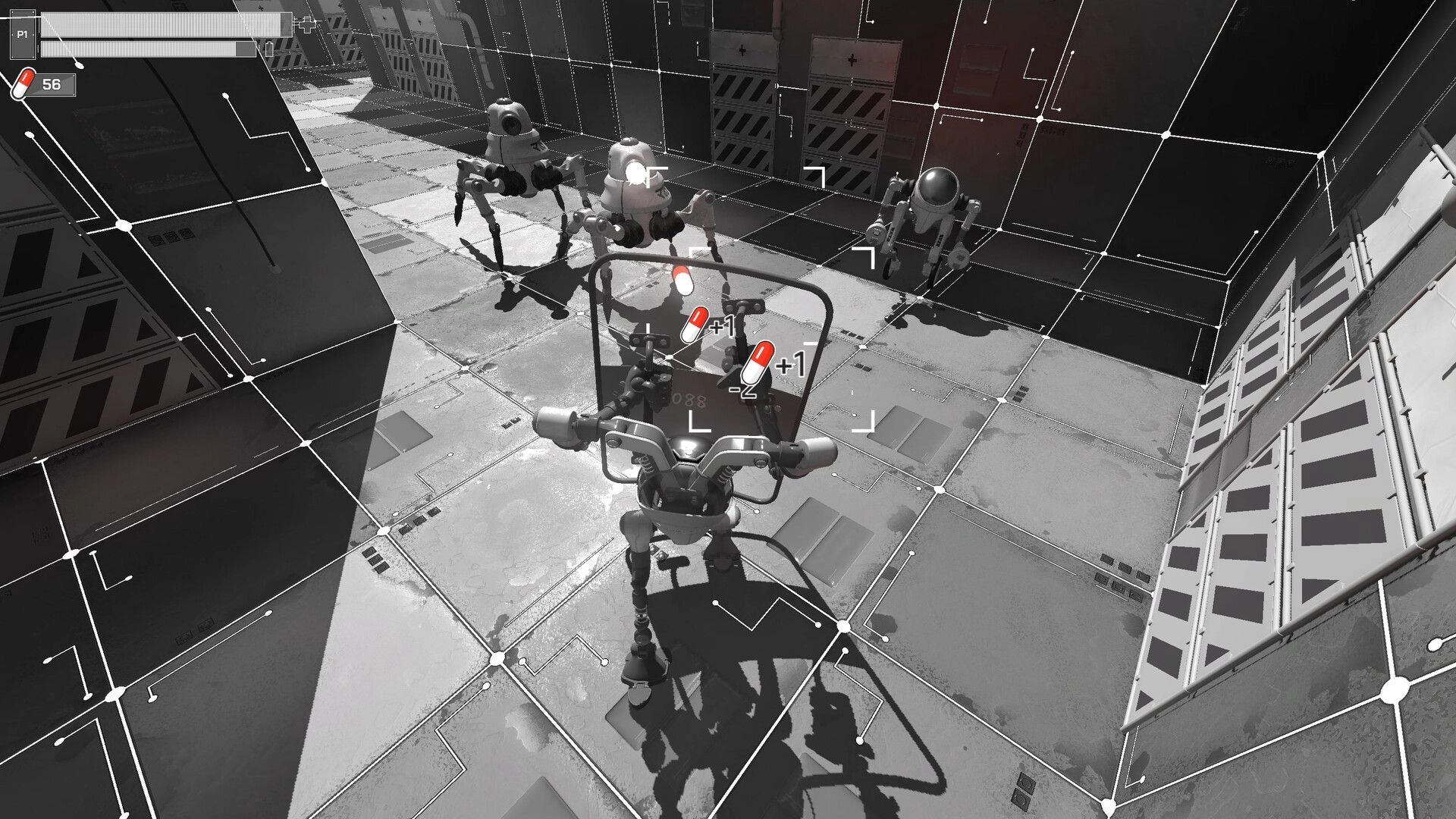 RX10-40: Player character holding shield facing off against four enemy robots in industrial arena