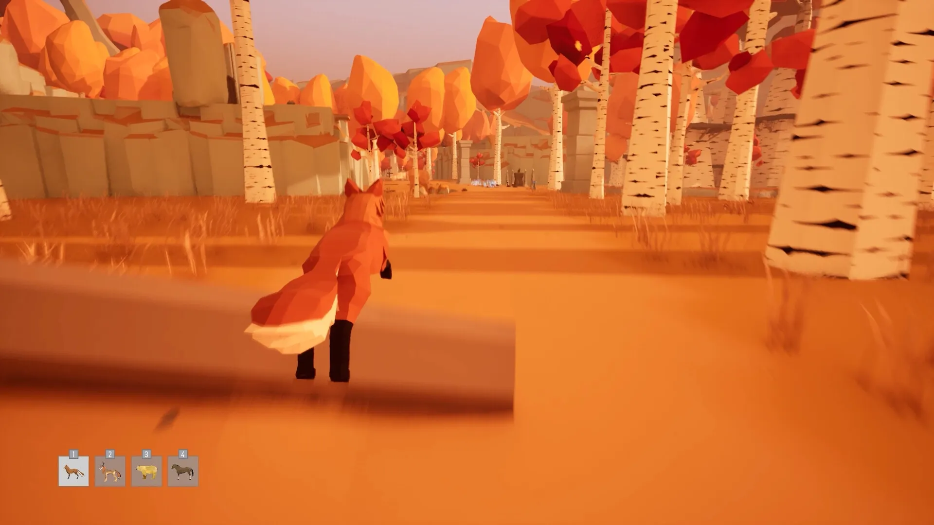 Ryder: Fox creature running through orange forest with trees, HUD showing four creature slots