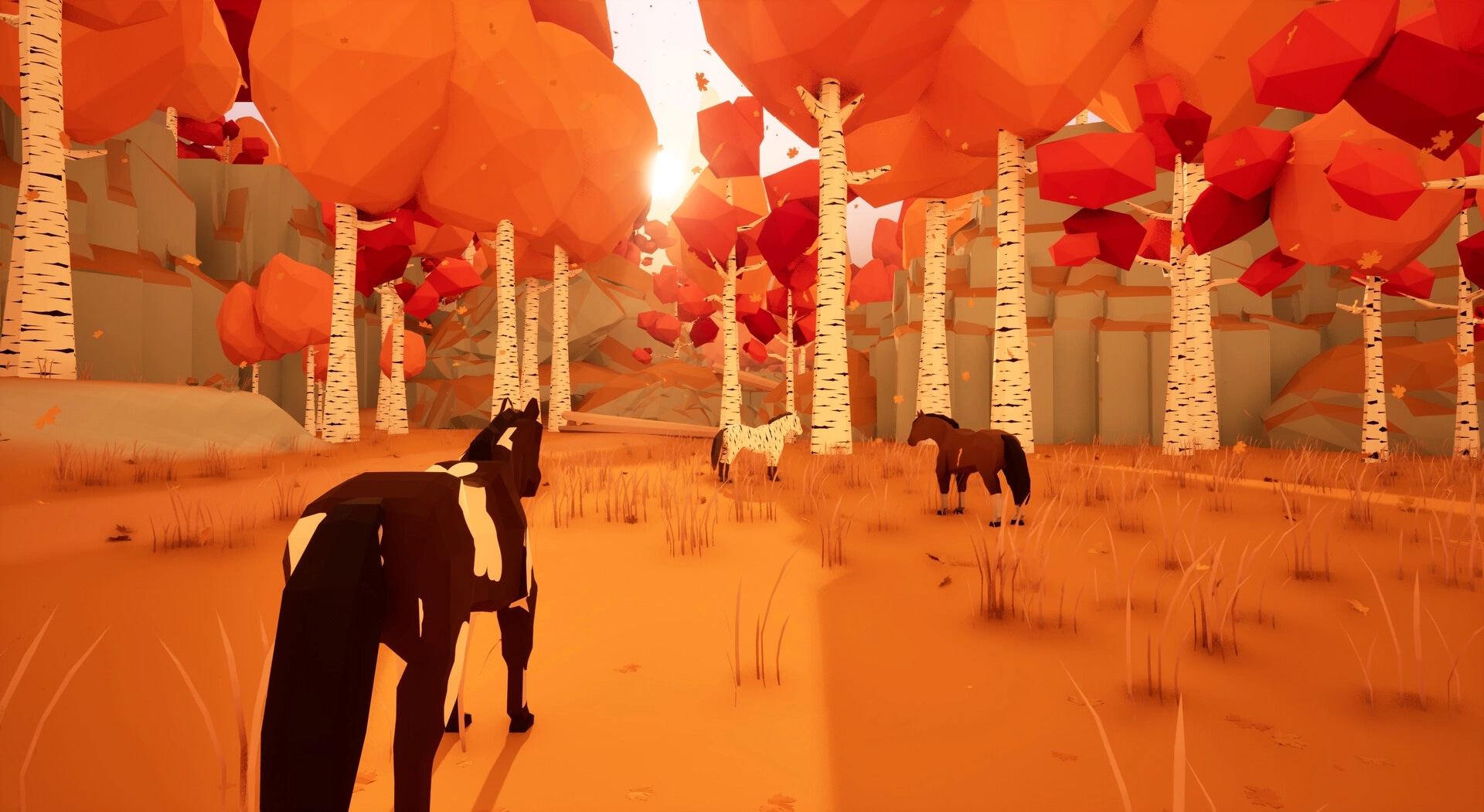 Ryder: Herd of creatures grazing in a vibrant, low-poly autumn forest with birch trees and orange leaves