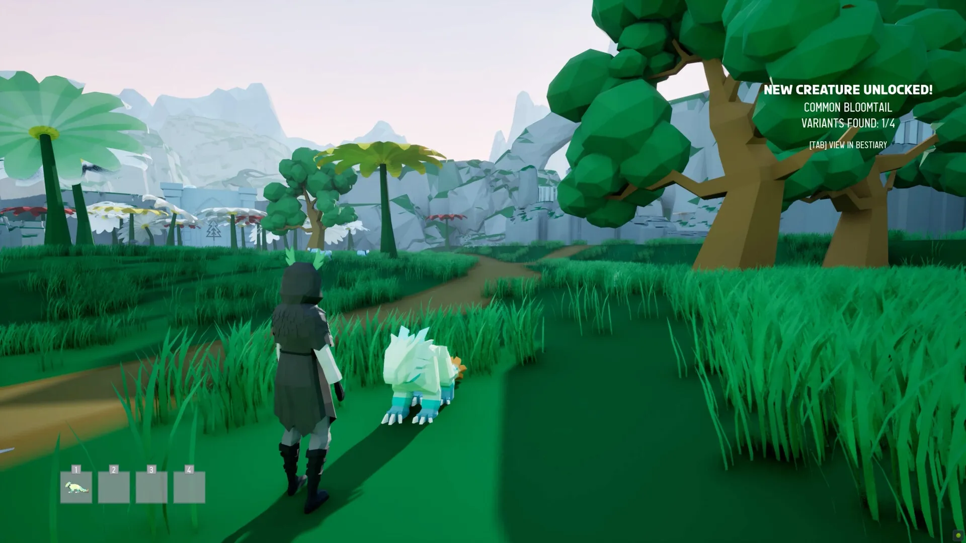 Ryder: Player and Bloomtail creature in lush forest with new creature unlocked notification displayed