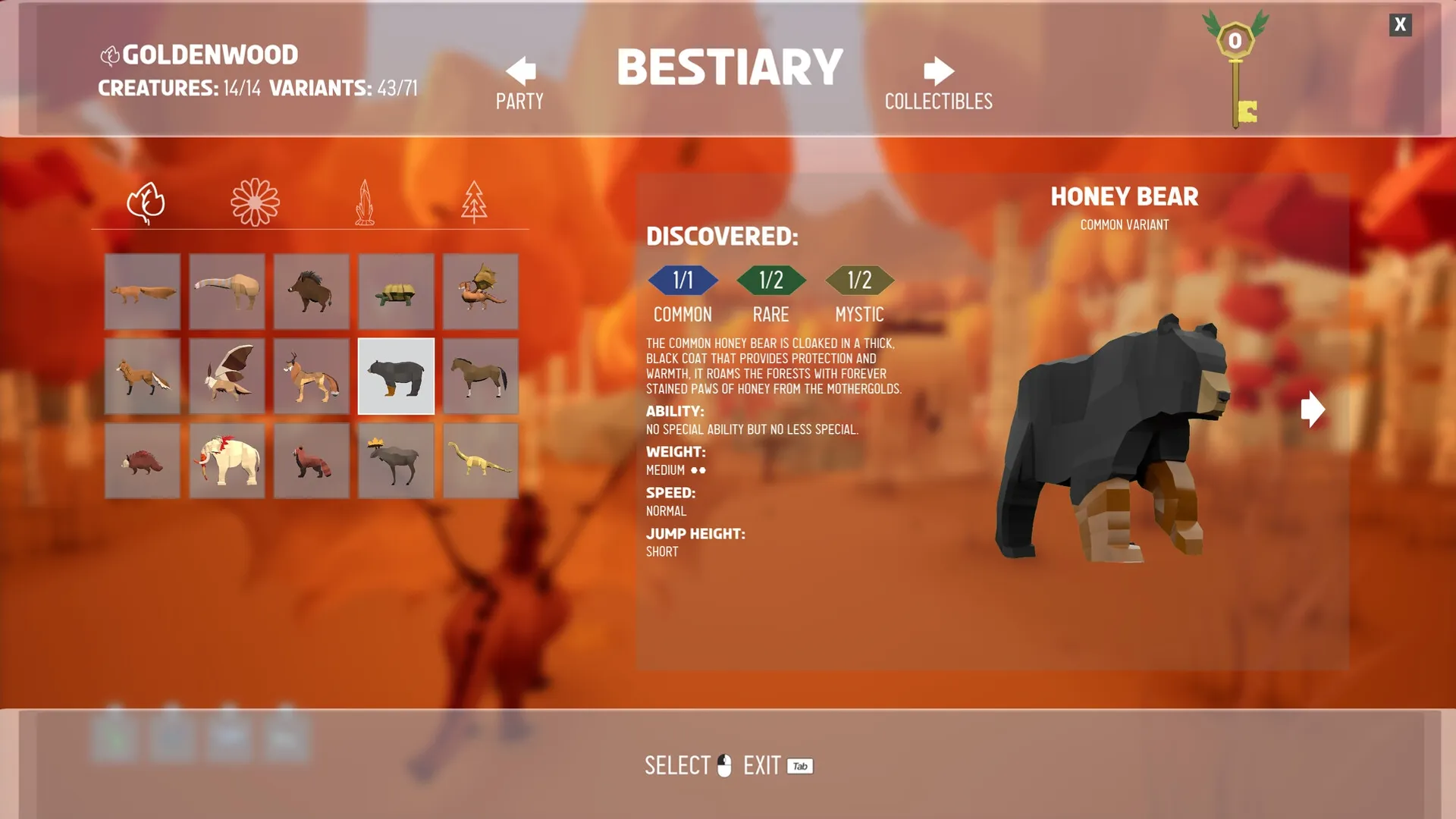 Ryder: Bestiary menu displaying Honey Bear with stats and traits in the Goldenwood region.