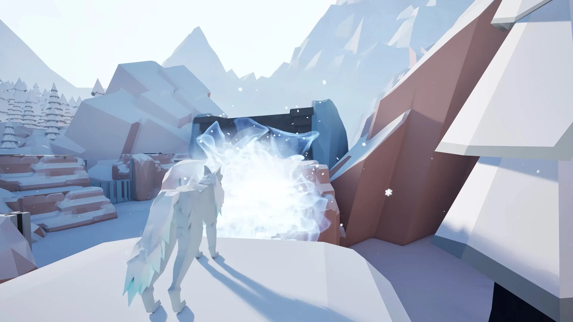 Ryder: Ice creature approaches glowing portal in snowy mountain landscape
