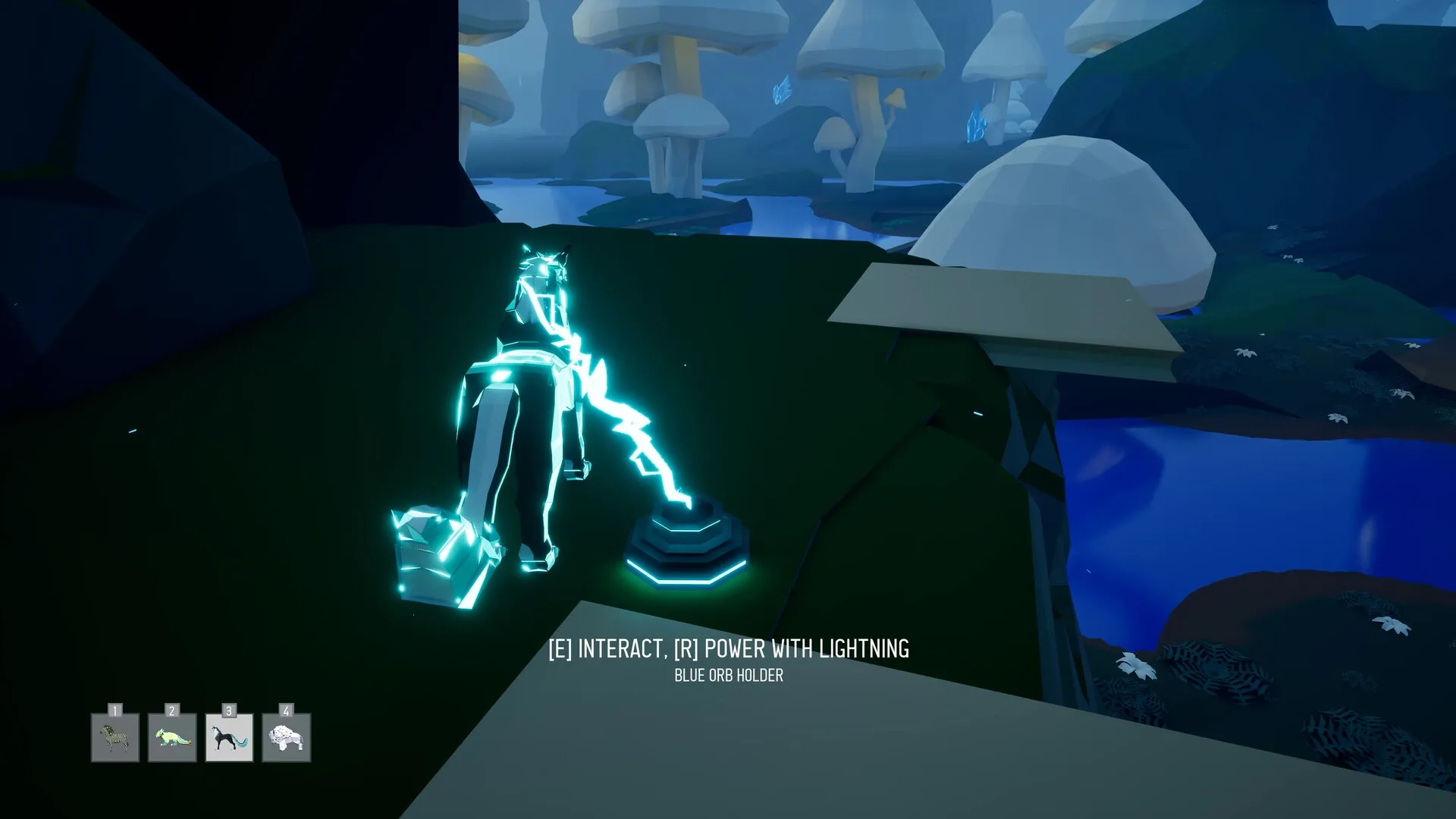 Ryder: Glowing creature powers blue orb in a mystical forest with giant mushrooms and water below