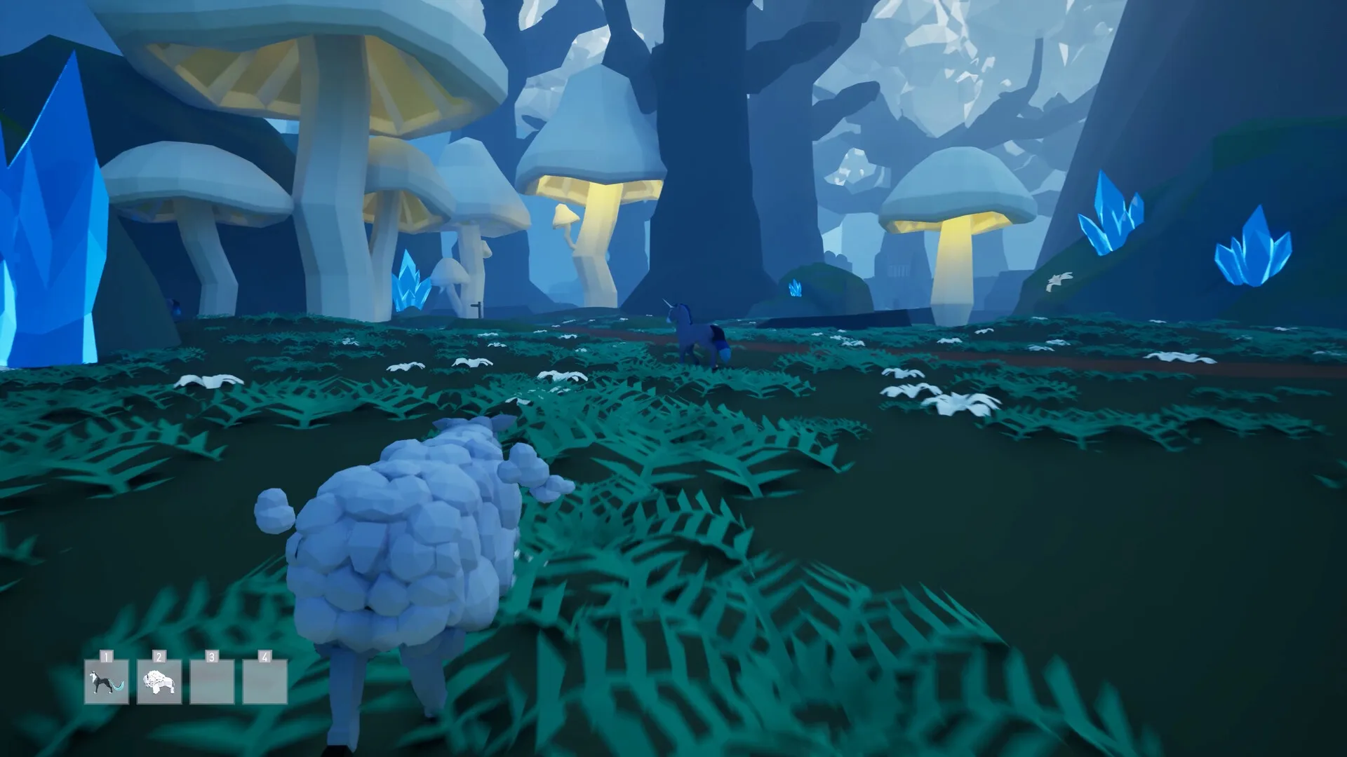 Ryder: Low-poly forest exploration with sheep-like creature and glowing crystals under giant mushrooms