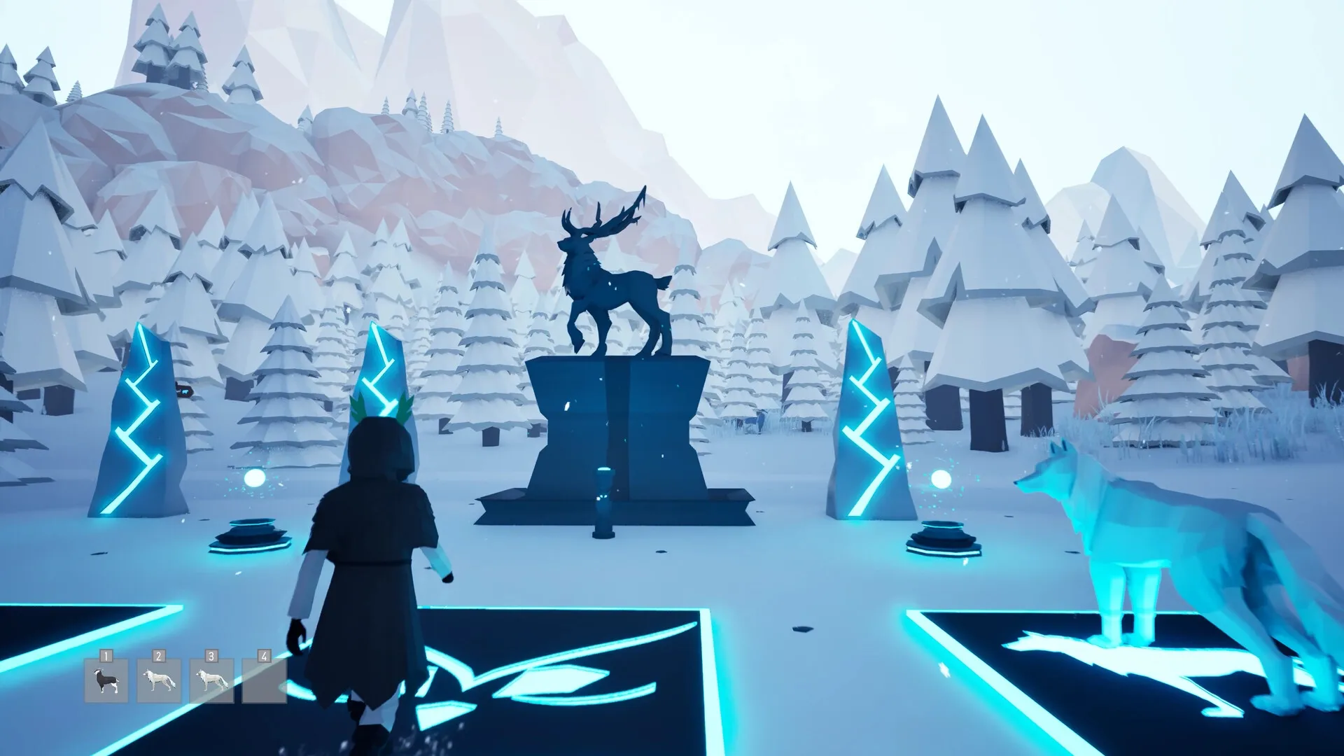 Ryder: Player approaches glowing pedestal with creature statue in snowy forest, surrounded by neon pillars.