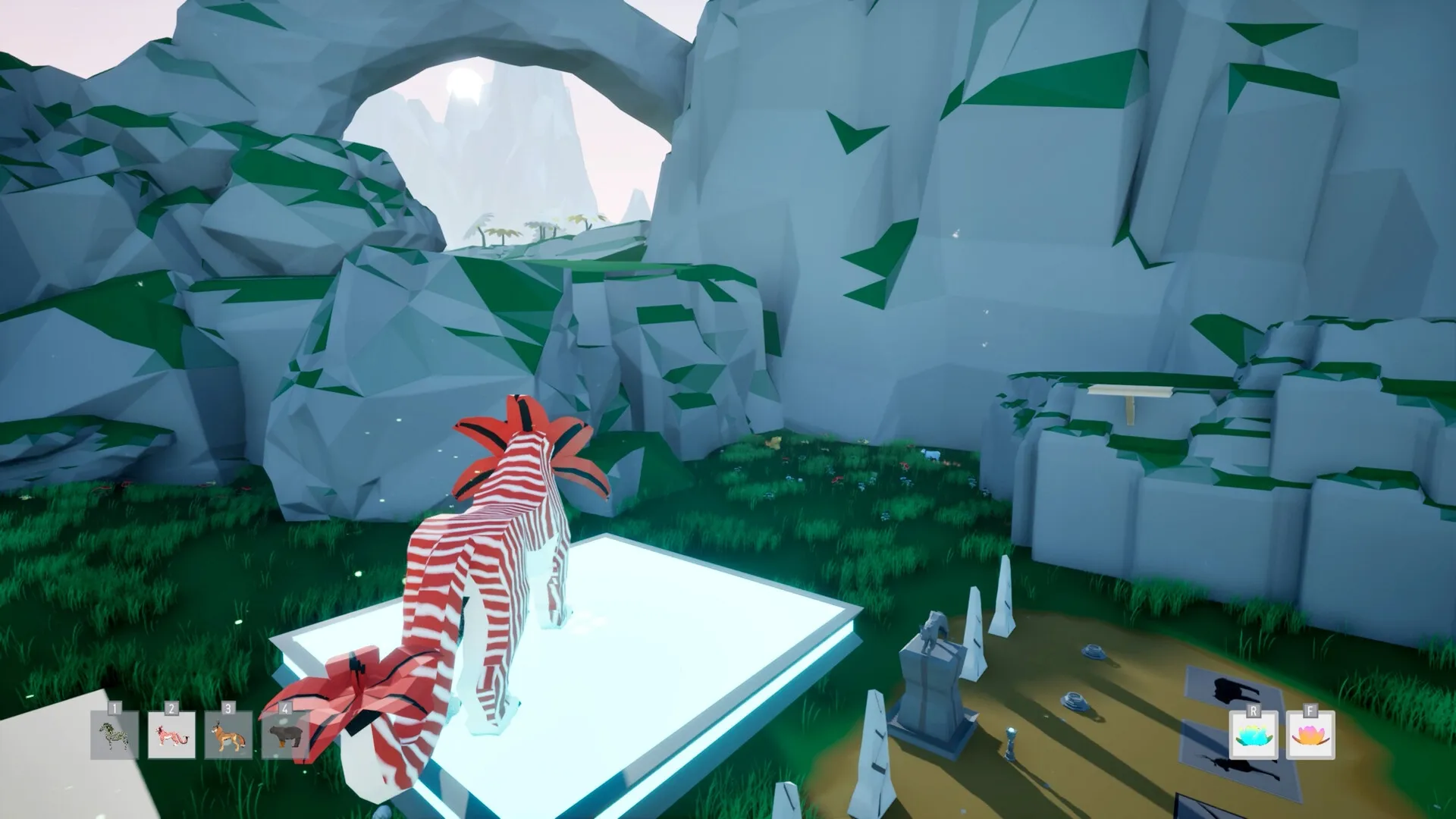 Ryder: Red-striped creature on glowing platform in rocky low-poly landscape with creature icons below.