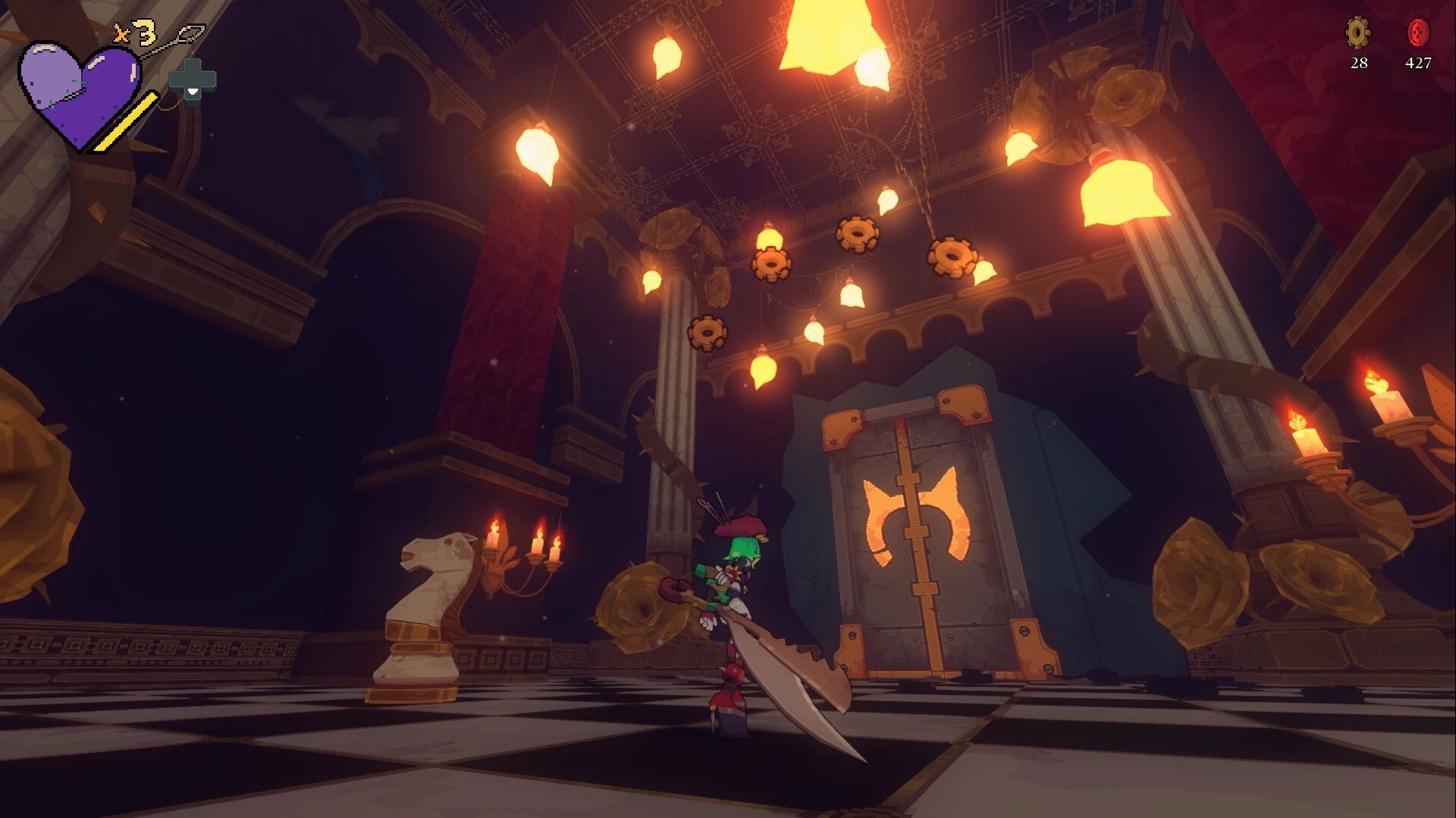 Ryn: Ryn stands before a giant locked door in a candlelit hall with chandeliers and columns.