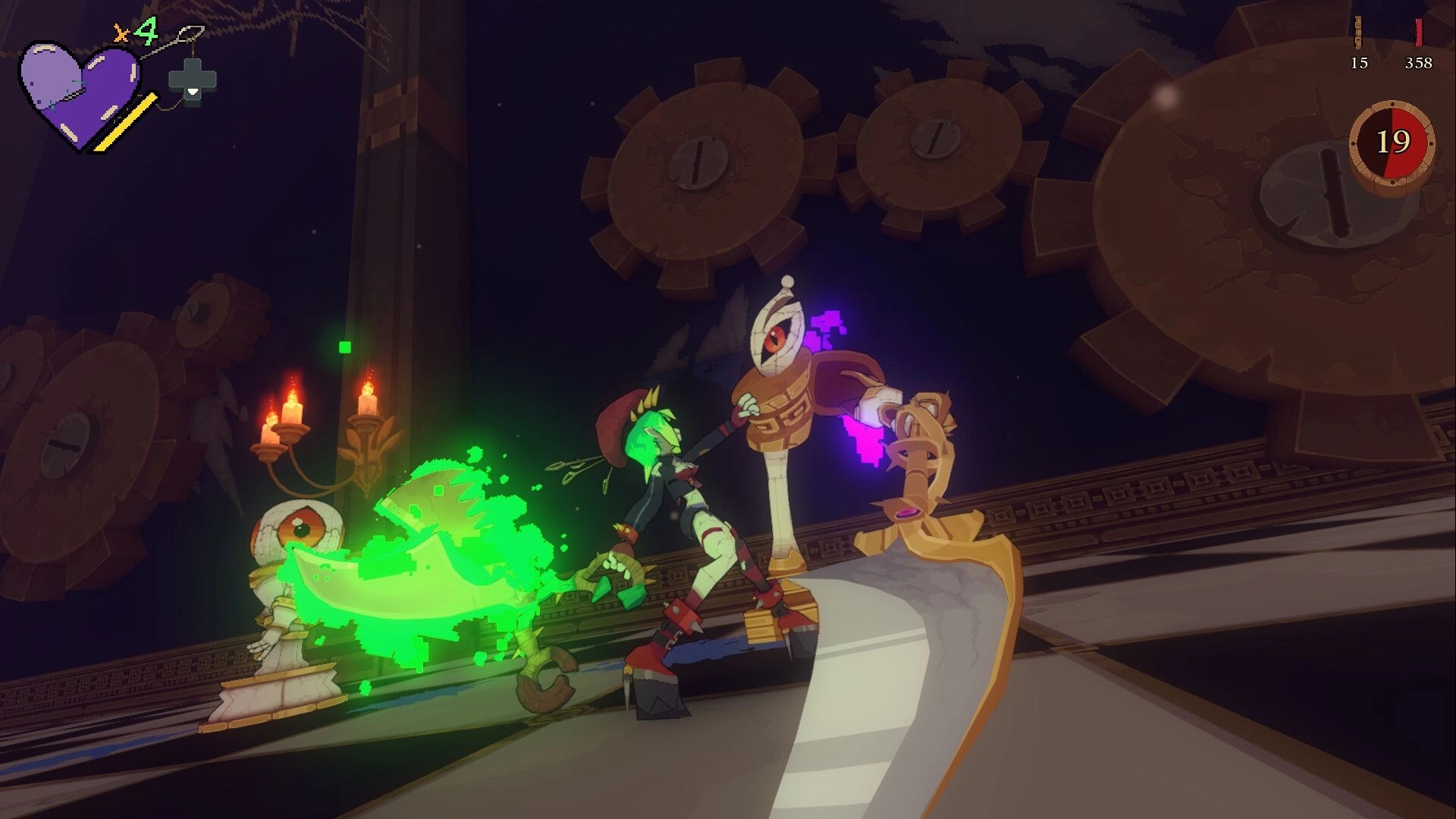 Ryn: Slashing a one-eyed doll enemy with a green arc attack on a clockwork platform stage.