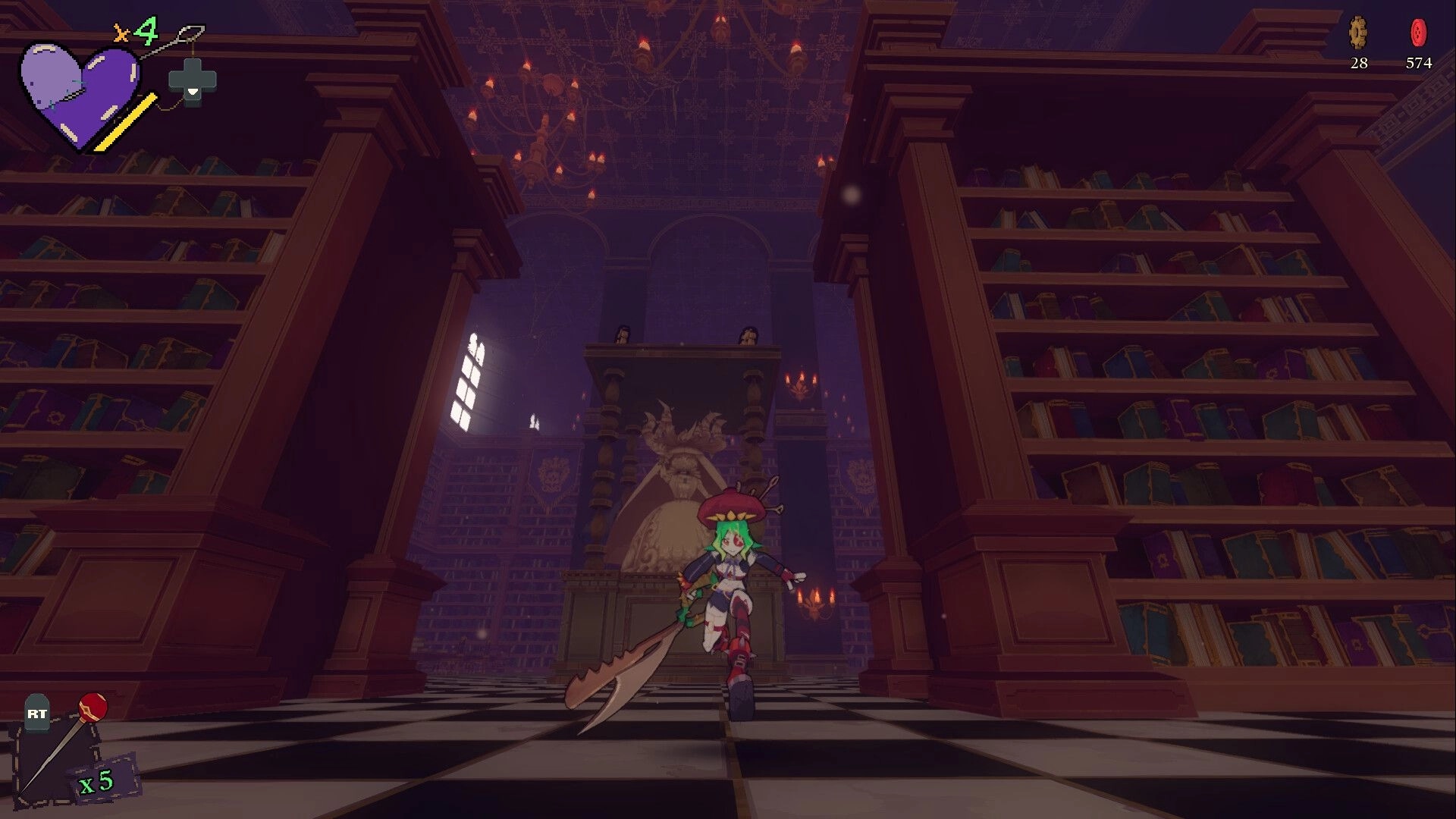 Ryn: Ryn runs forward with a giant sword, HUD hearts and counters visible in a grand library hall.