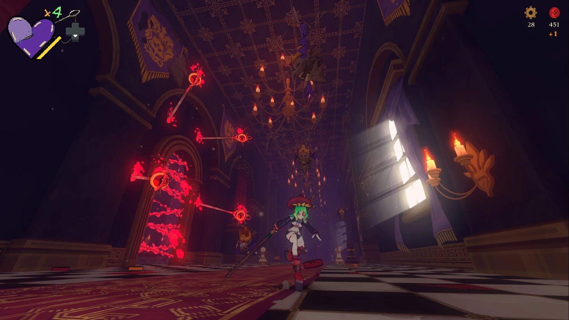 Ryn: Ryn runs with a spear past red laser traps in a candlelit palace hall with chandeliers.
