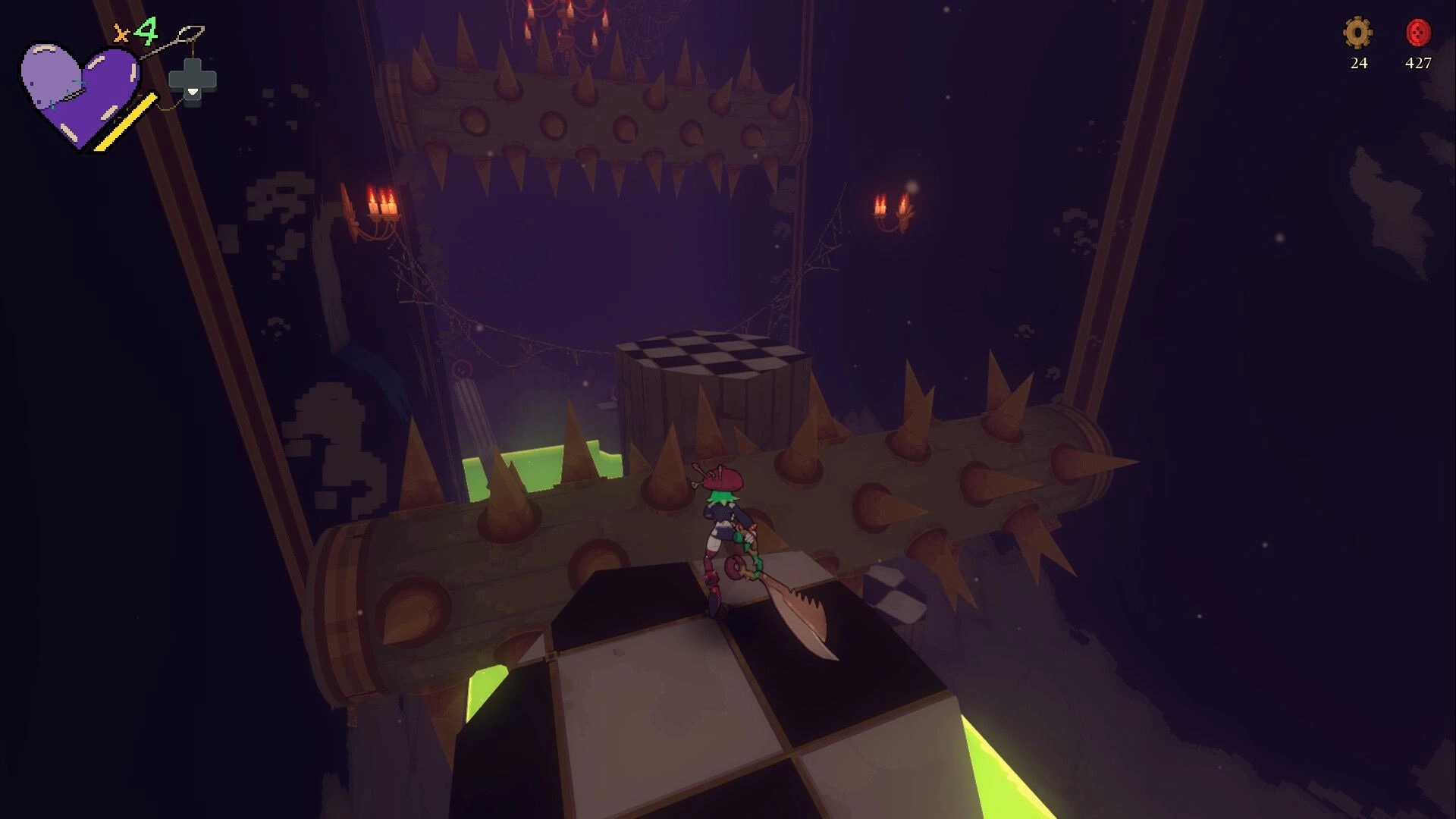 Ryn: Ryn stands on a checkered platform above green slime in a spiked toy castle corridor UI visible.