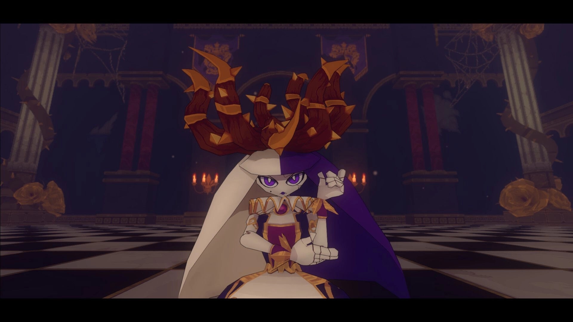 Ryn: Purple-eyed doll boss with antler crown poses in a candlelit hall with checkered floor.