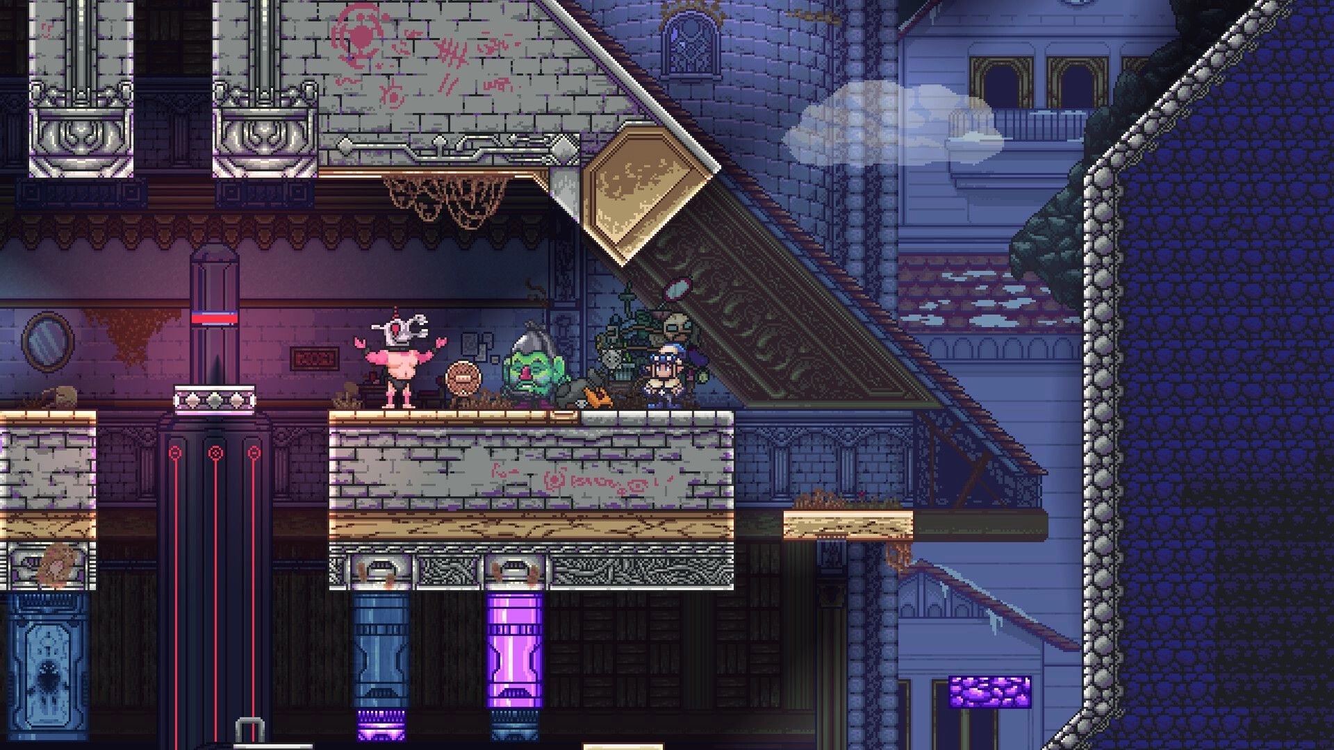 Ryze: Player stands by a pink enemy and green statue on a stone platform in a castle interior.