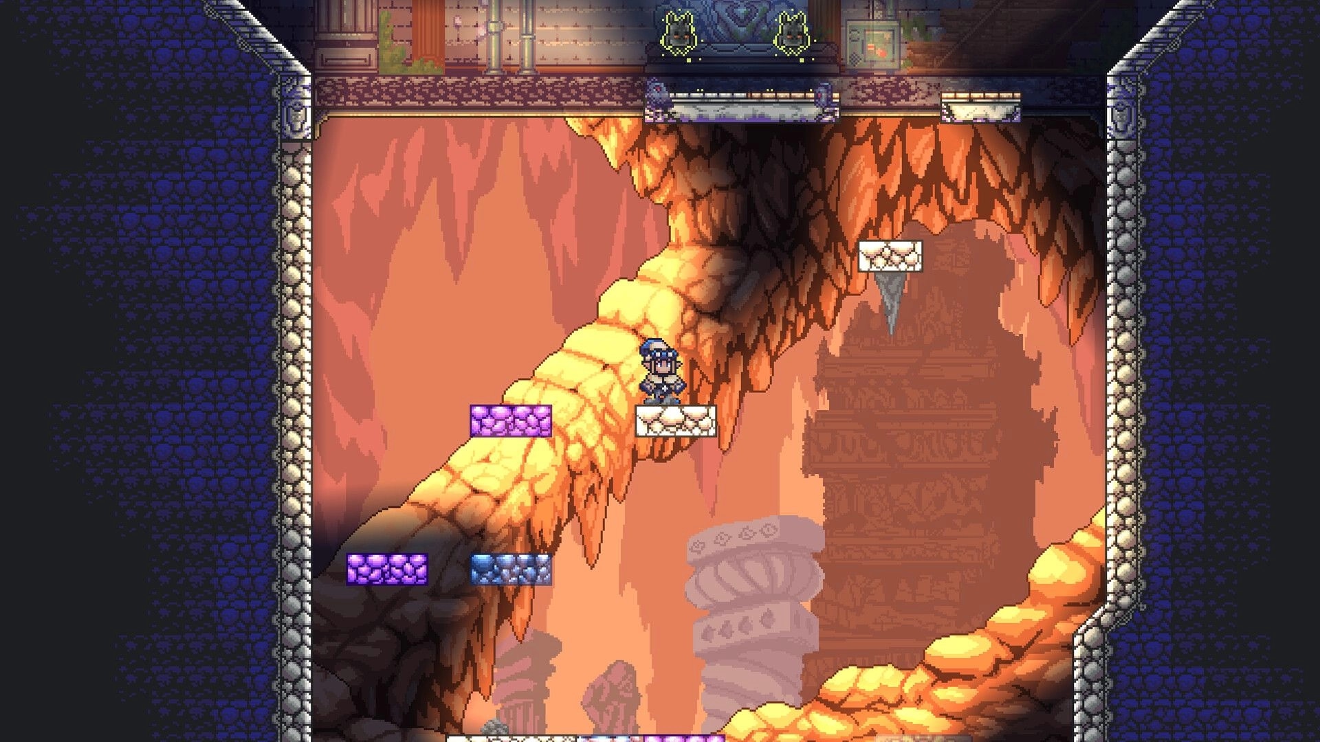Ryze: Helmeted adventurer stands on small stone platform in lava cave with purple blocks above.
