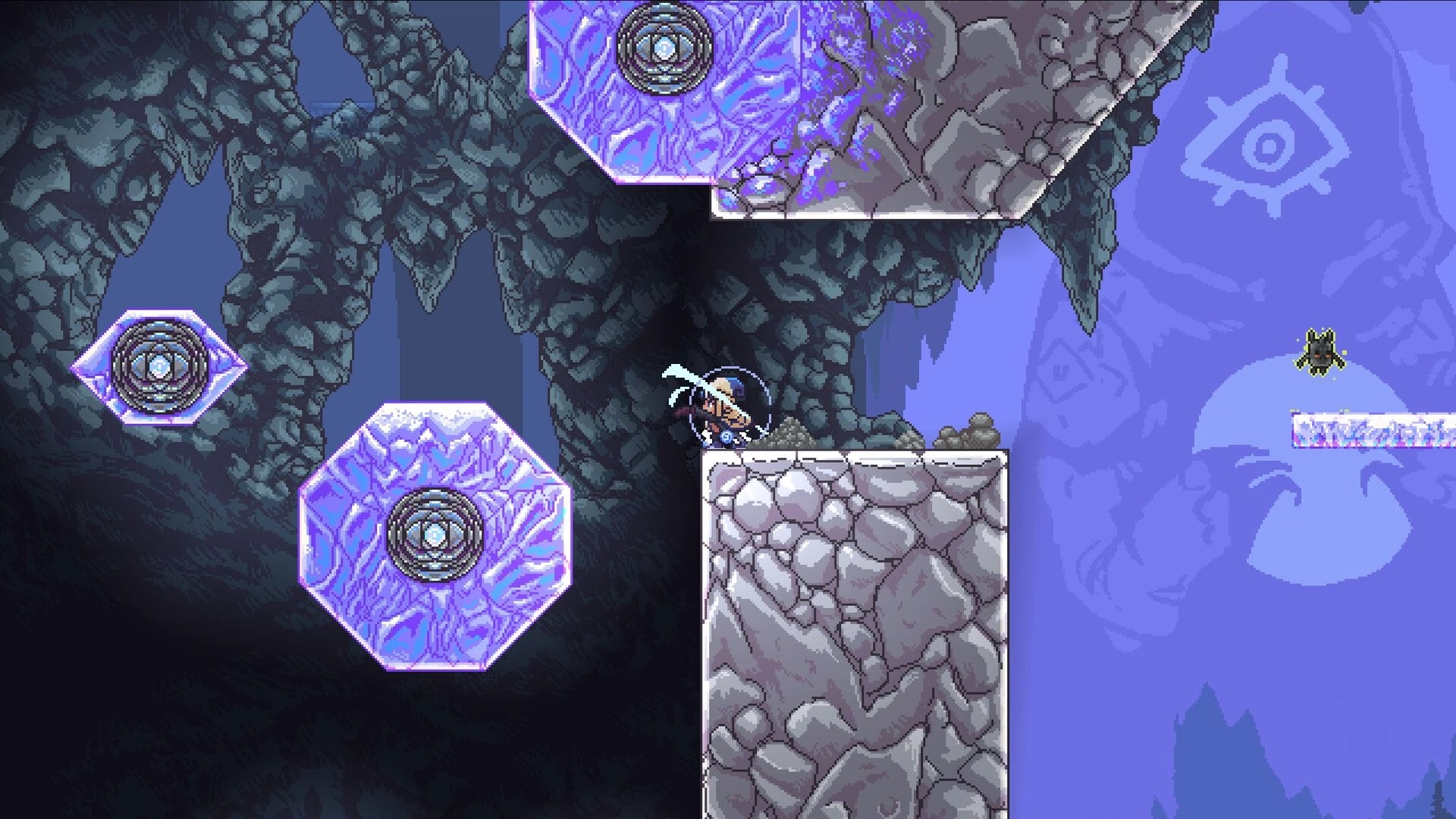 Ryze: Hooded hero clings to a stone ledge near glowing purple platforms in a cavernous cliffside.