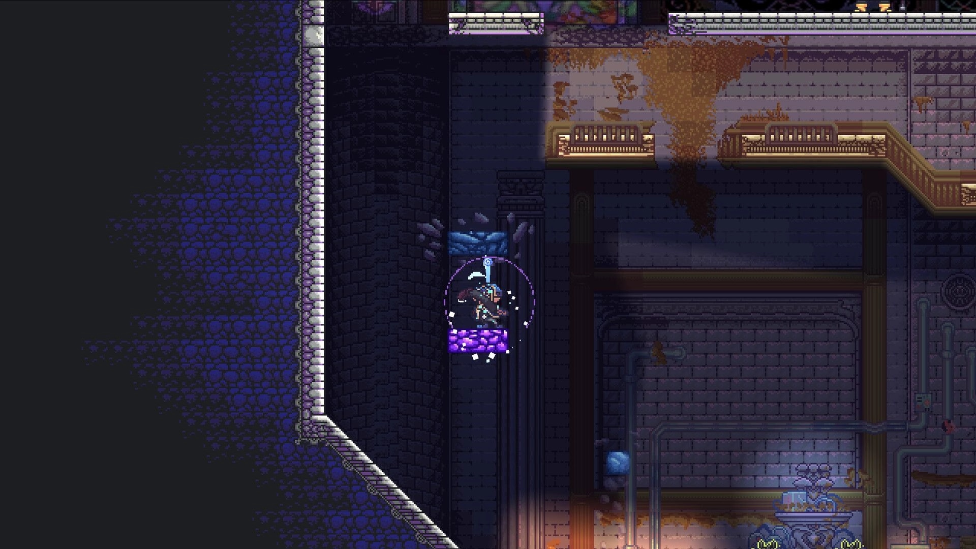 Ryze: Player character hovers on a purple platform inside a dark stone tower with pipes below.