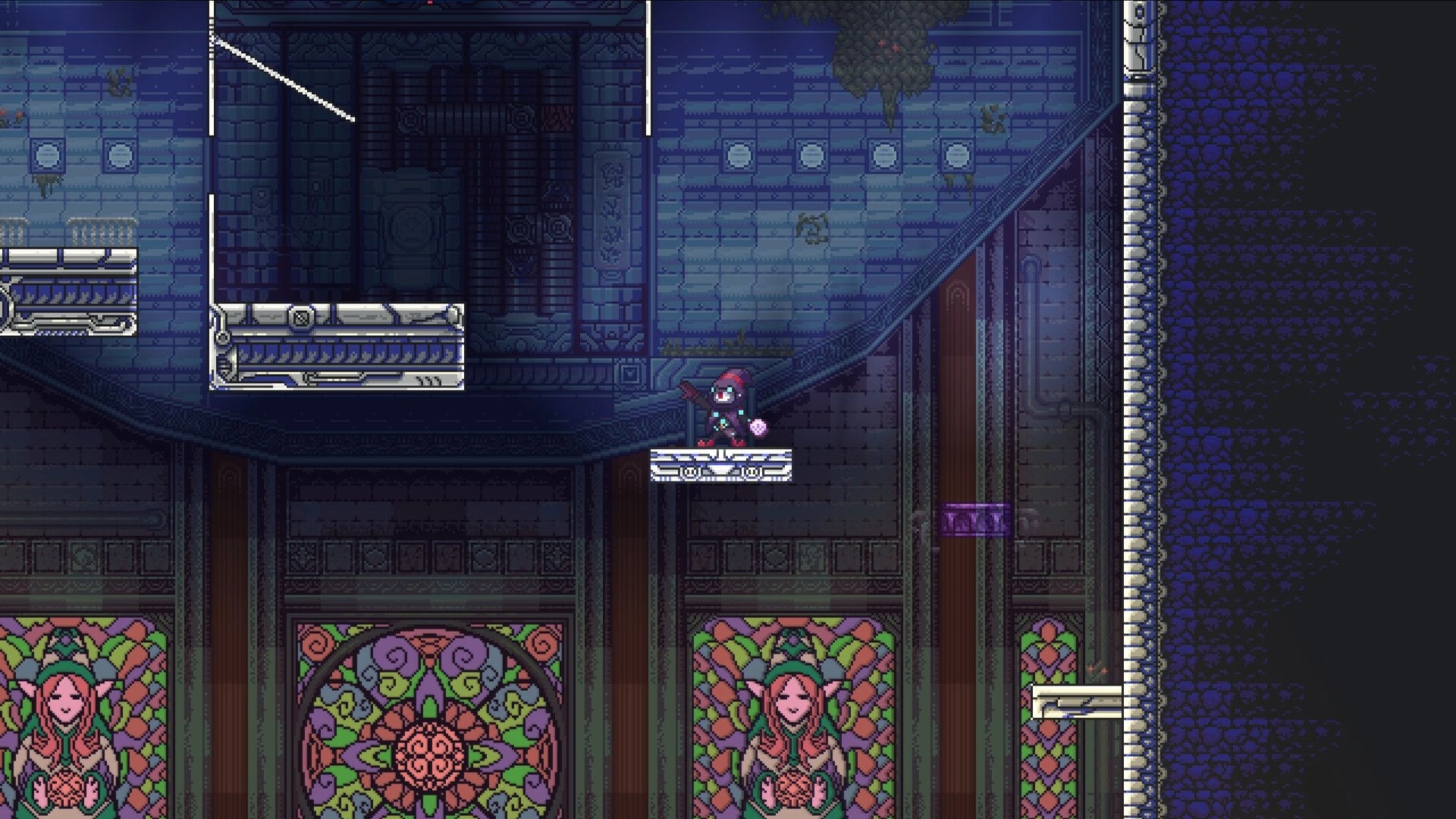 Ryze: Hooded mage stands on a small platform in a dark cathedral hall with stained glass below.
