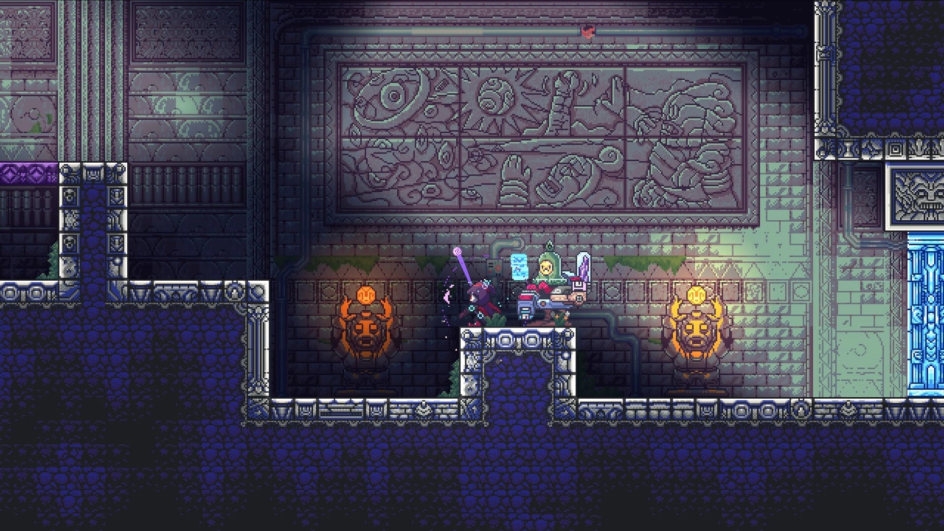 Ryze: Hooded NPC at a desk beside the player in a stone temple hall with wall mural and torches.