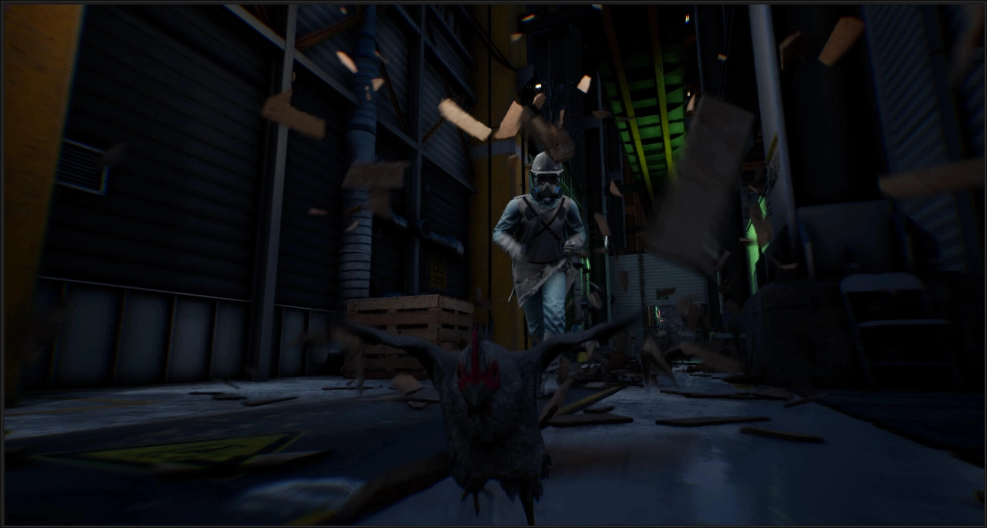 Saborus: Brave chicken fleeing from charging pigs in a dimly lit slaughterhouse hallway