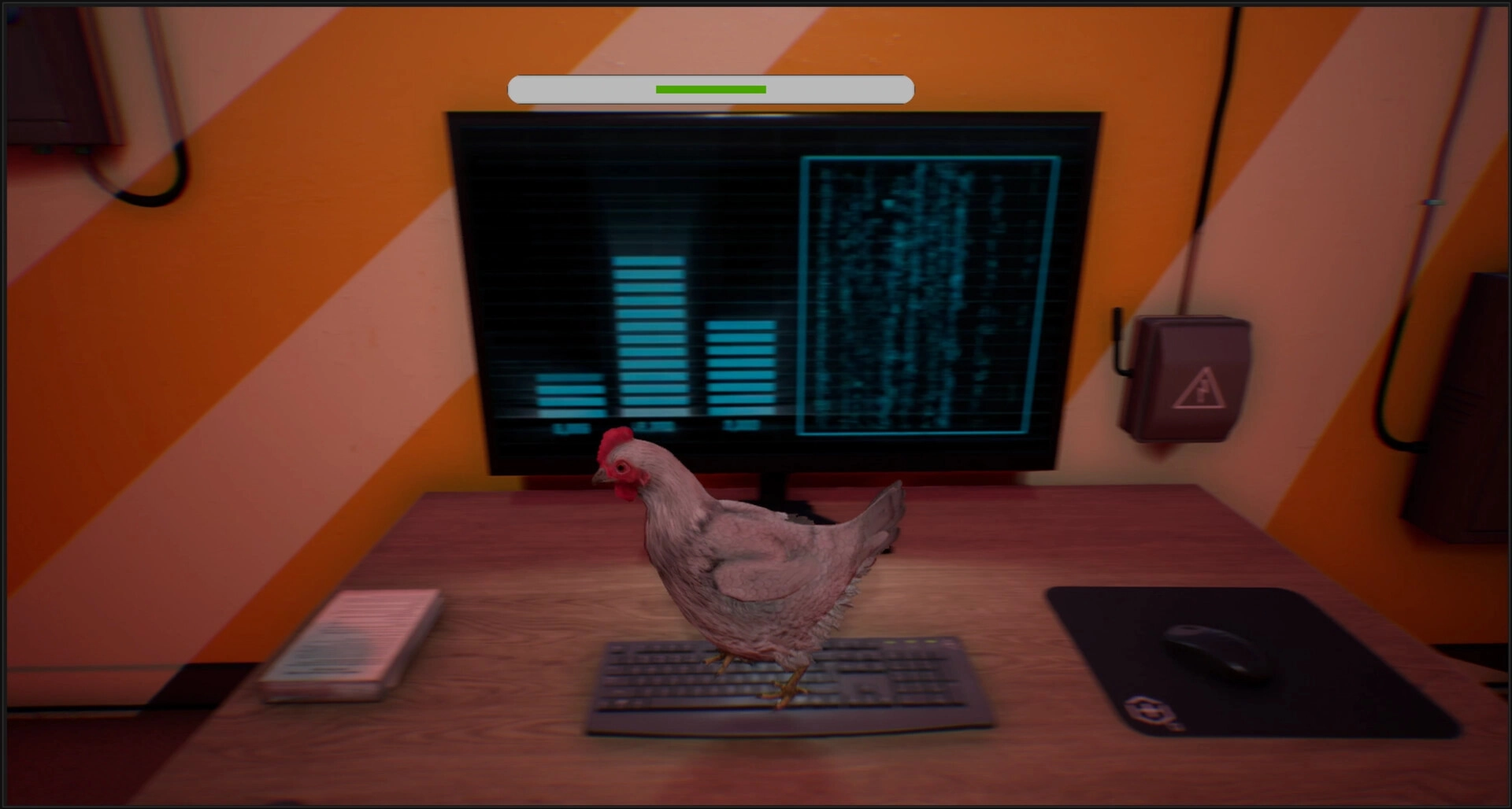 Saborus: Chicken stands on keyboard in front of computer with graphs in a control room environment