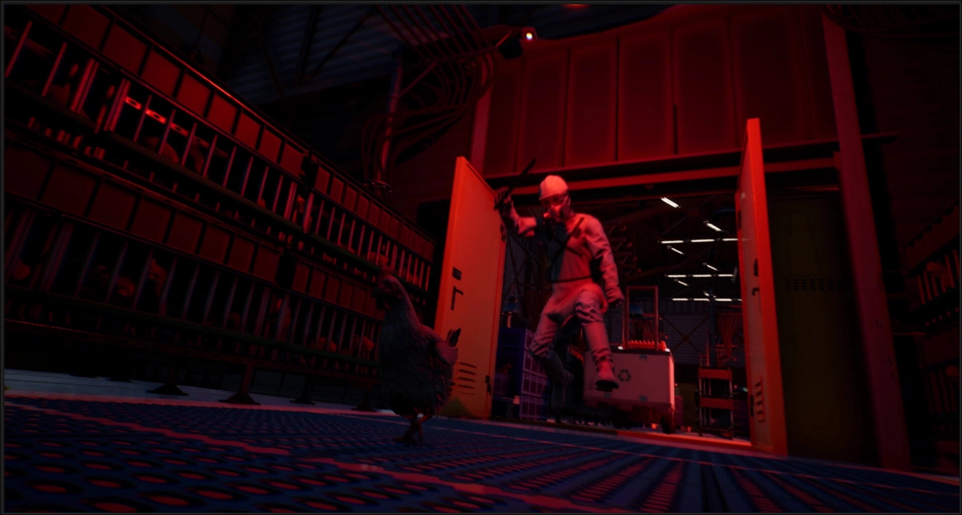 Saborus: Brave chicken flees from masked figure in a dimly lit, red-tinged slaughterhouse corridor.