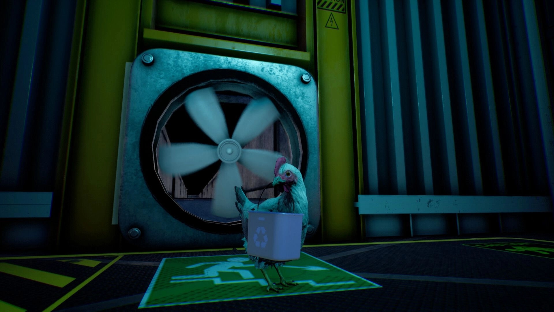 Saborus: Brave chicken carrying a box stands before a large fan in an industrial slaughterhouse setting.