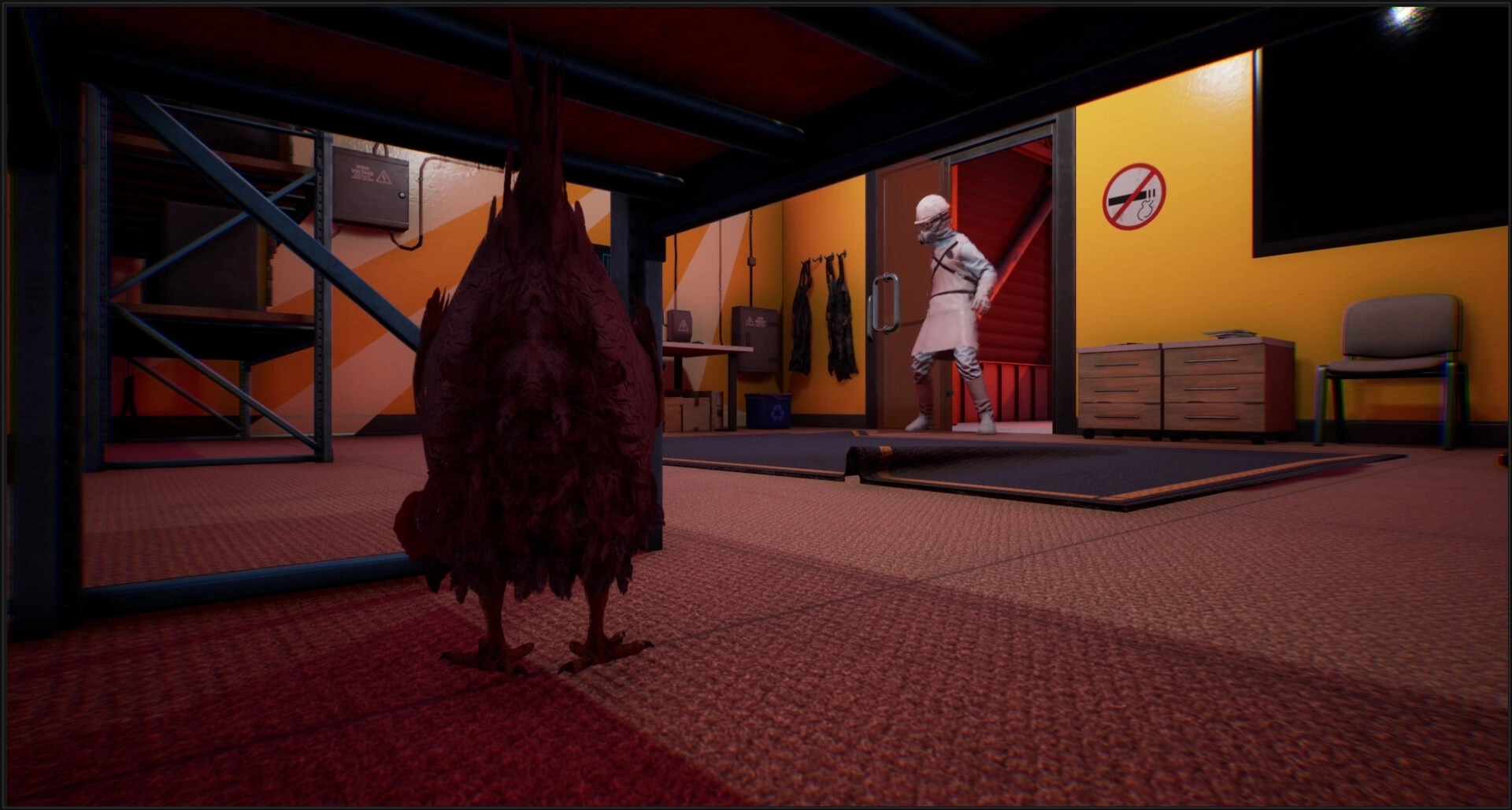 Saborus: Chicken hides under a table as butcher with bat patrols in a brightly lit slaughterhouse room.