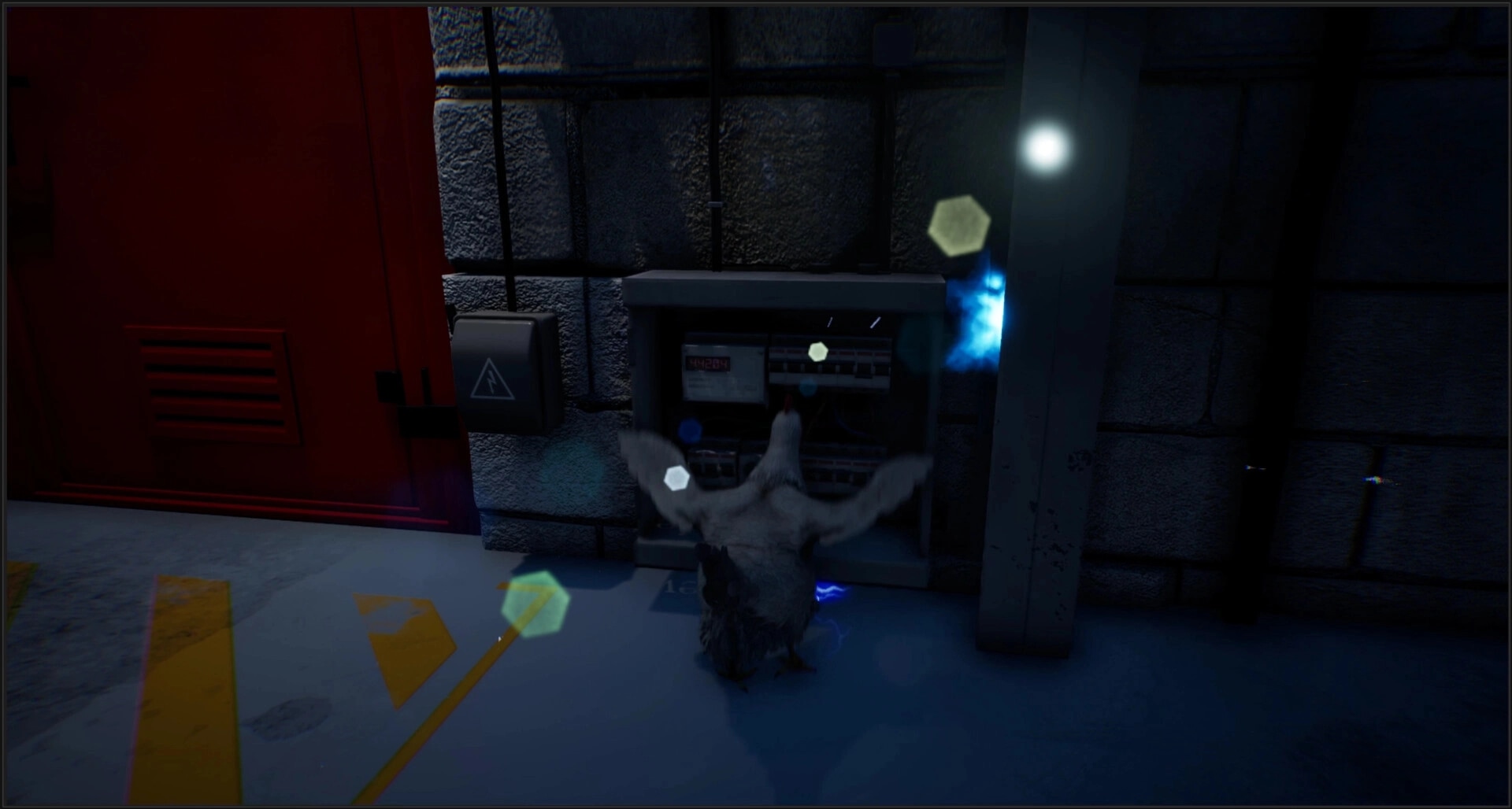 Saborus: Brave chicken interacts with an electrical panel in the dimly lit slaughterhouse corridor.