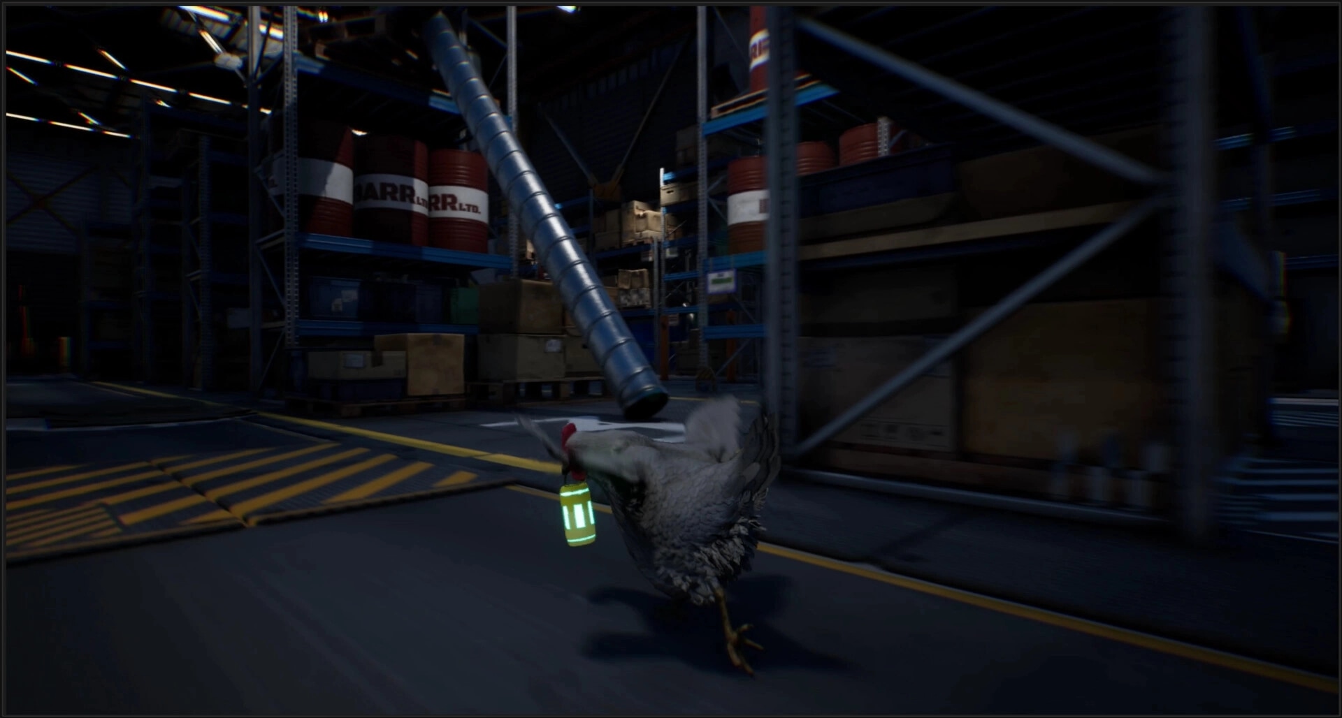 Saborus: Brave chicken flees through dark warehouse, carrying glowing vial, avoiding falling pipe.