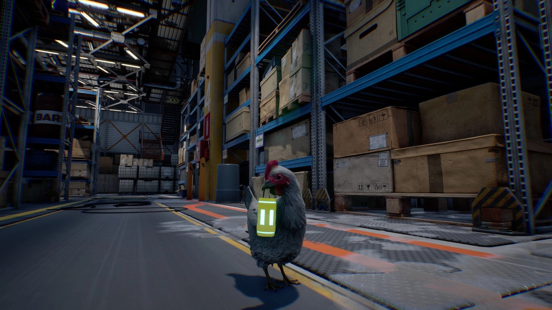 Saborus: Brave chicken with pause icon exploring a dimly lit warehouse filled with stacked crates.